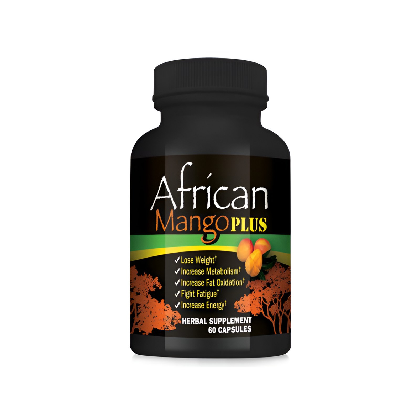 African Mango Plus herbal supplement bottle labeled 60 capsules with a black cap and green and orange label