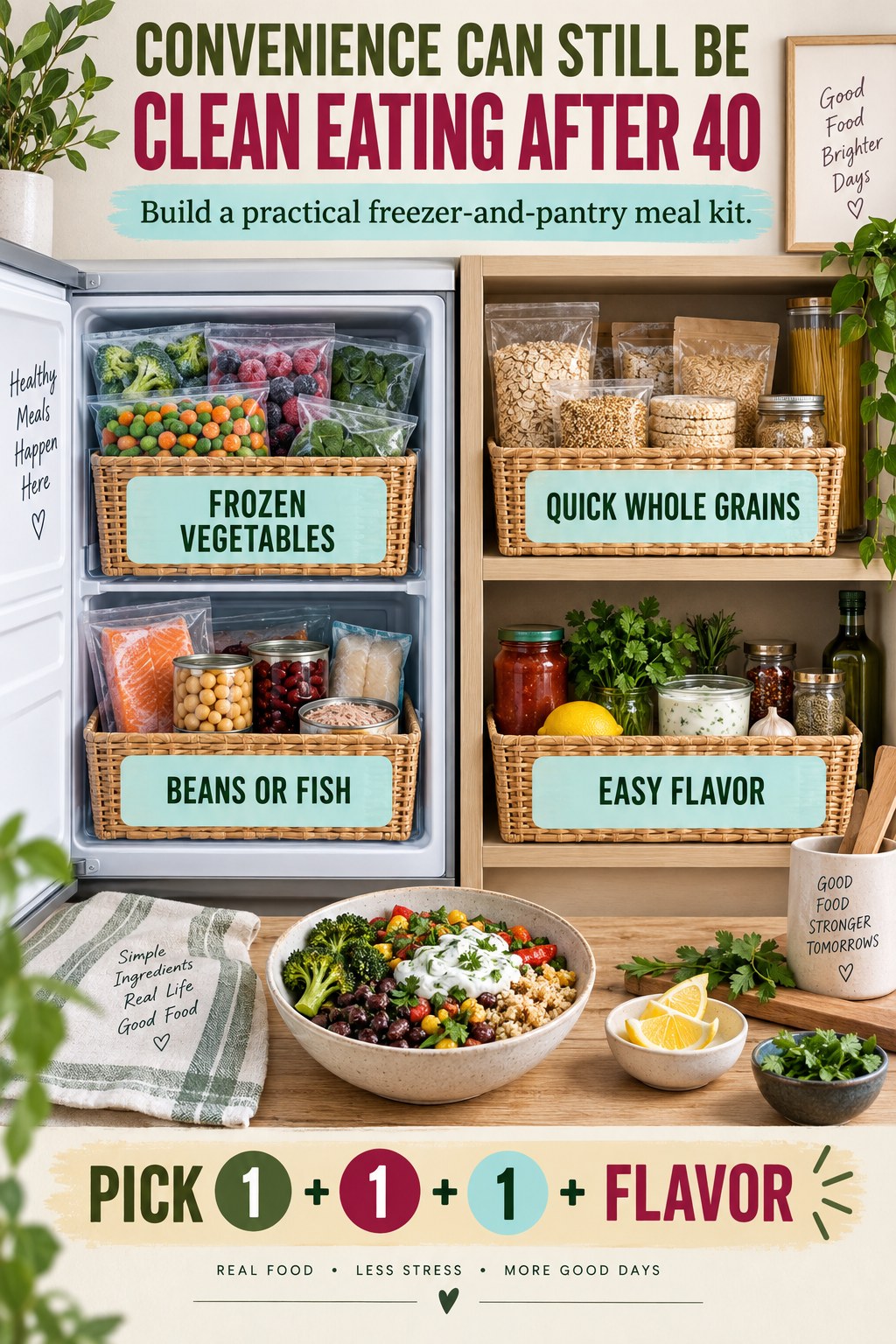 Olive, raspberry, aqua, and sand infographic showing frozen vegetables, beans or fish, quick whole grains, and easy flavors.