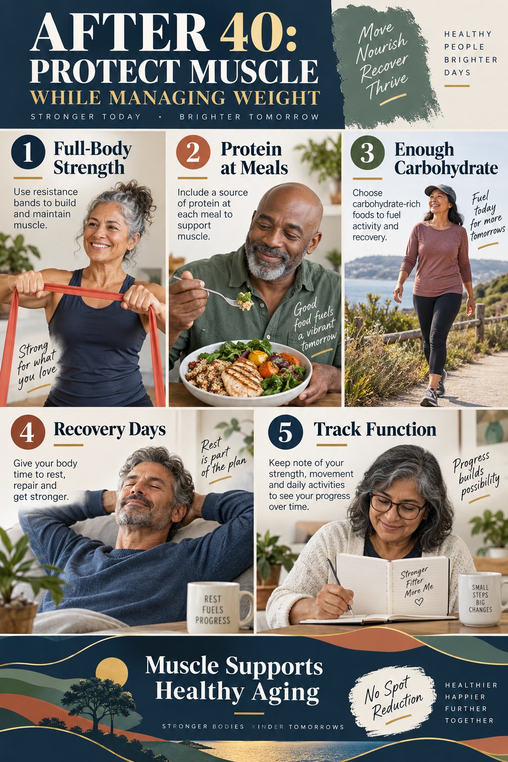 Portrait infographic showing adults over 40 using full-body strength, protein, carbohydrates, recovery, and function tracking.
