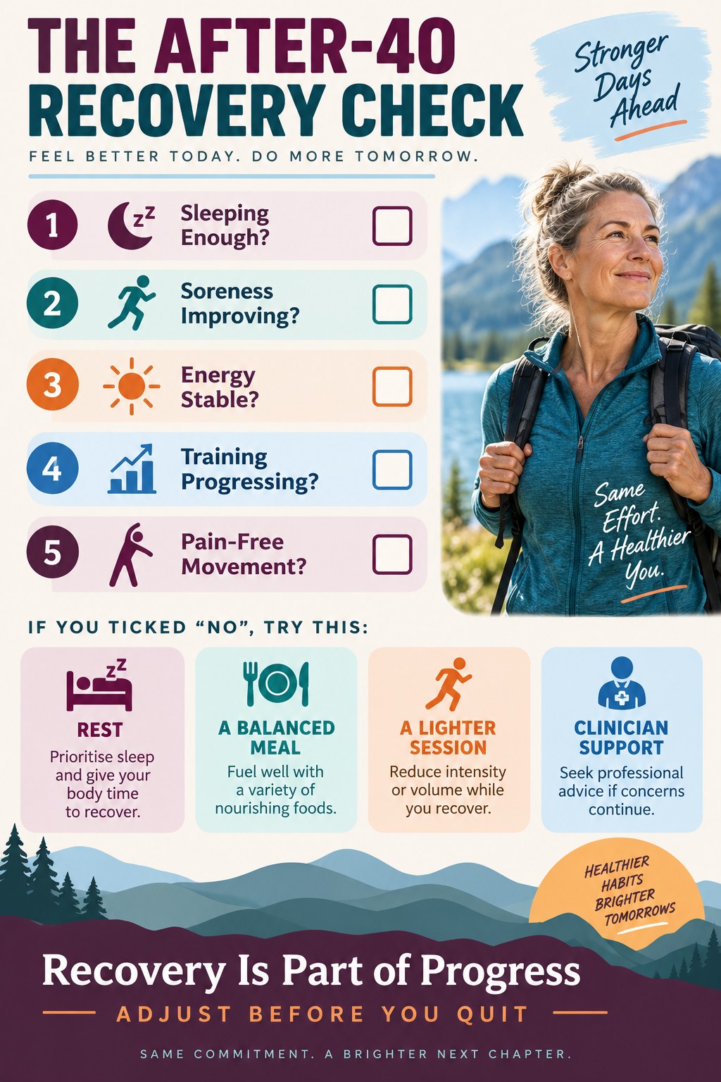 Portrait checklist asking about sleep, soreness, energy, training progress, and pain-free movement, with recovery actions.