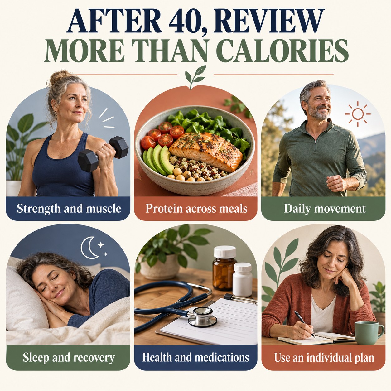 Infographic for adults over 40 covering strength and muscle, protein across meals, daily movement, sleep, recovery, health, medications, and individualized planning