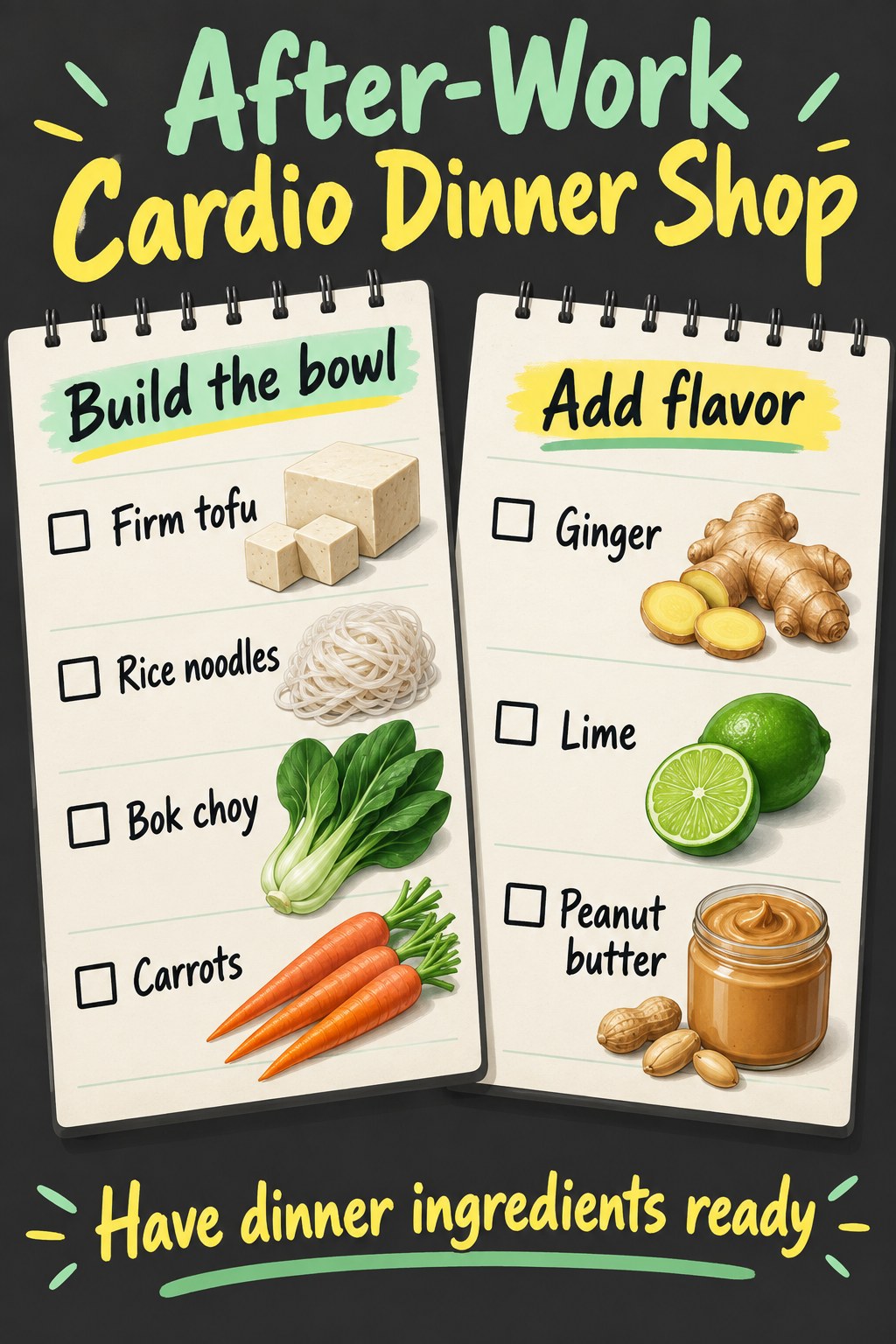 Dinner grocery checklist with tofu, rice noodles, bok choy, carrots, ginger, lime, and peanut butter.
