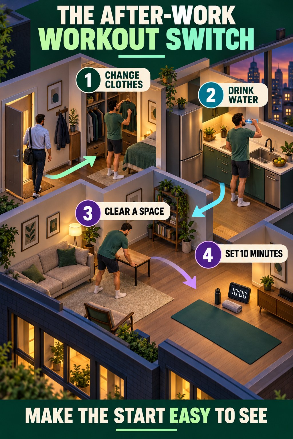 Isometric apartment showing a man changing clothes, drinking water, clearing space, and setting a ten-minute timer.