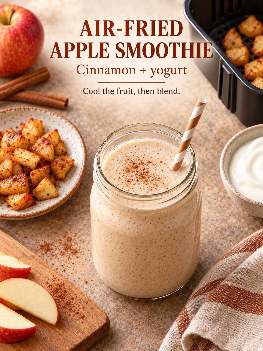 Creamy apple cinnamon smoothie beside tender cooked apple pieces and an air fryer basket, with cool then blend text.
