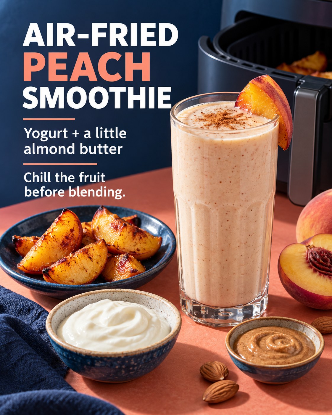 Peach almond smoothie beside lightly browned peach wedges, almond butter, and a small air fryer basket with readable recipe text.