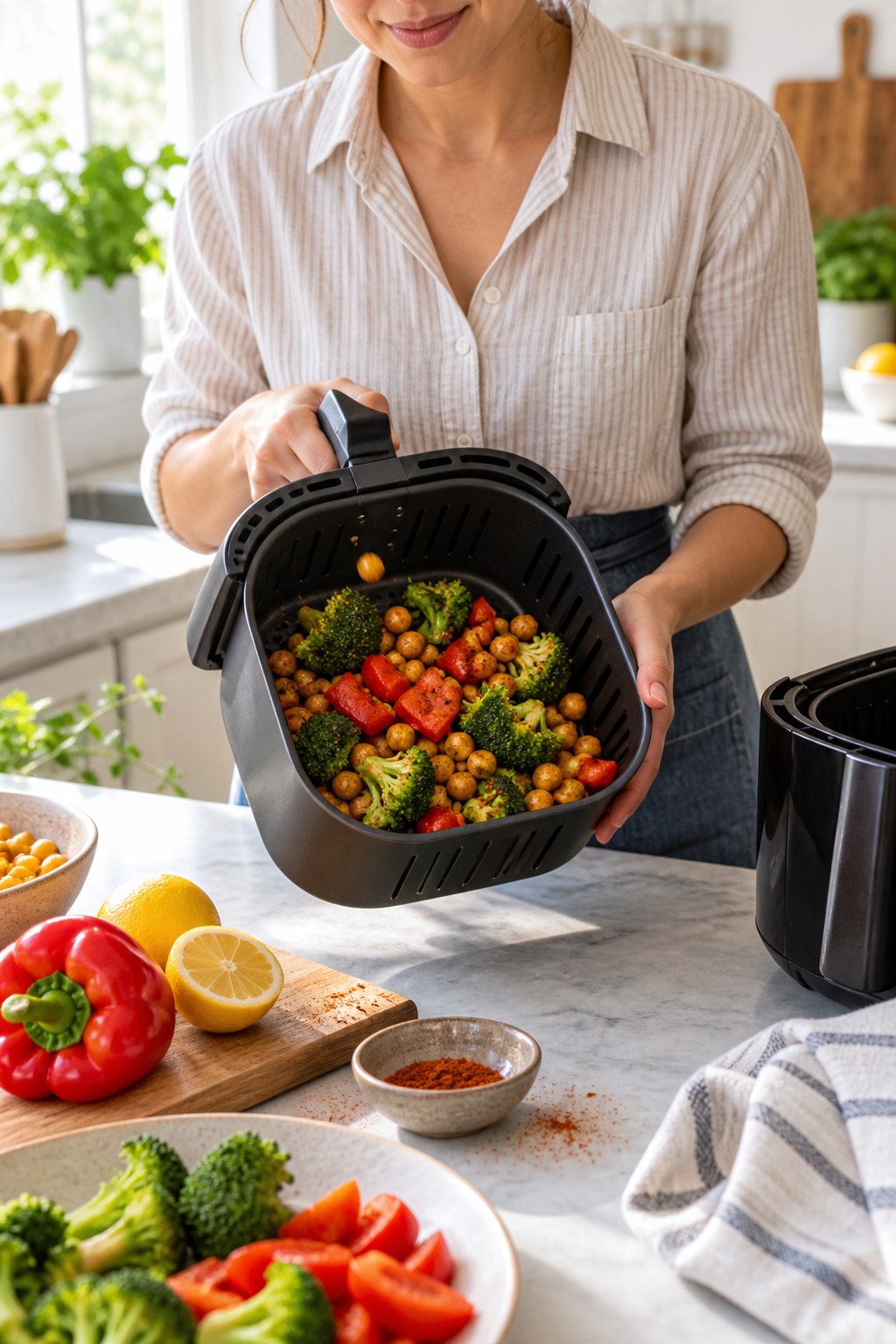 Adult holding an open air-fryer basket with chickpeas, broccoli, and bell pepper seasoned with paprika and lemon.