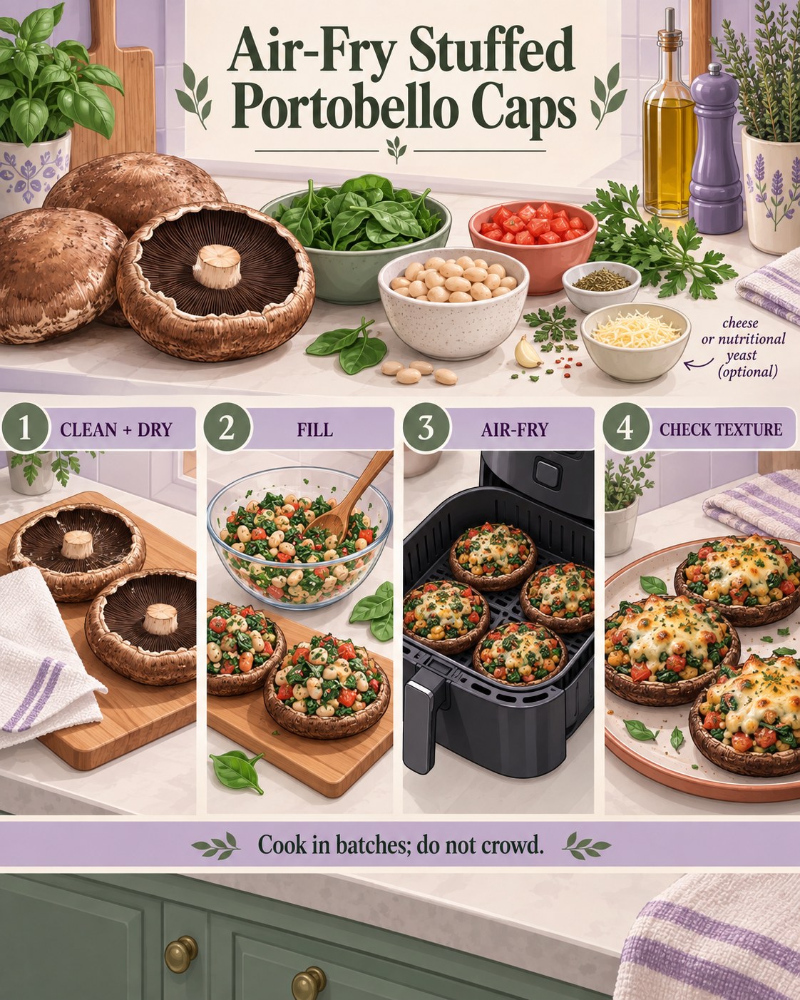 Lavender, sage, terracotta, and cream infographic showing bean-filled portobello caps in an air fryer.