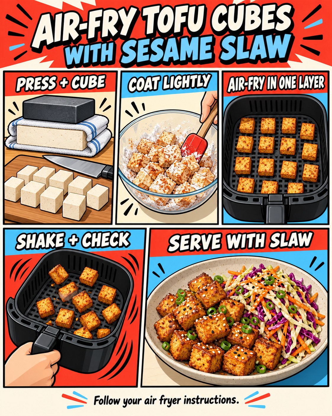 Vermilion, sky blue, cream, and black comic infographic showing air-fried tofu with slaw.