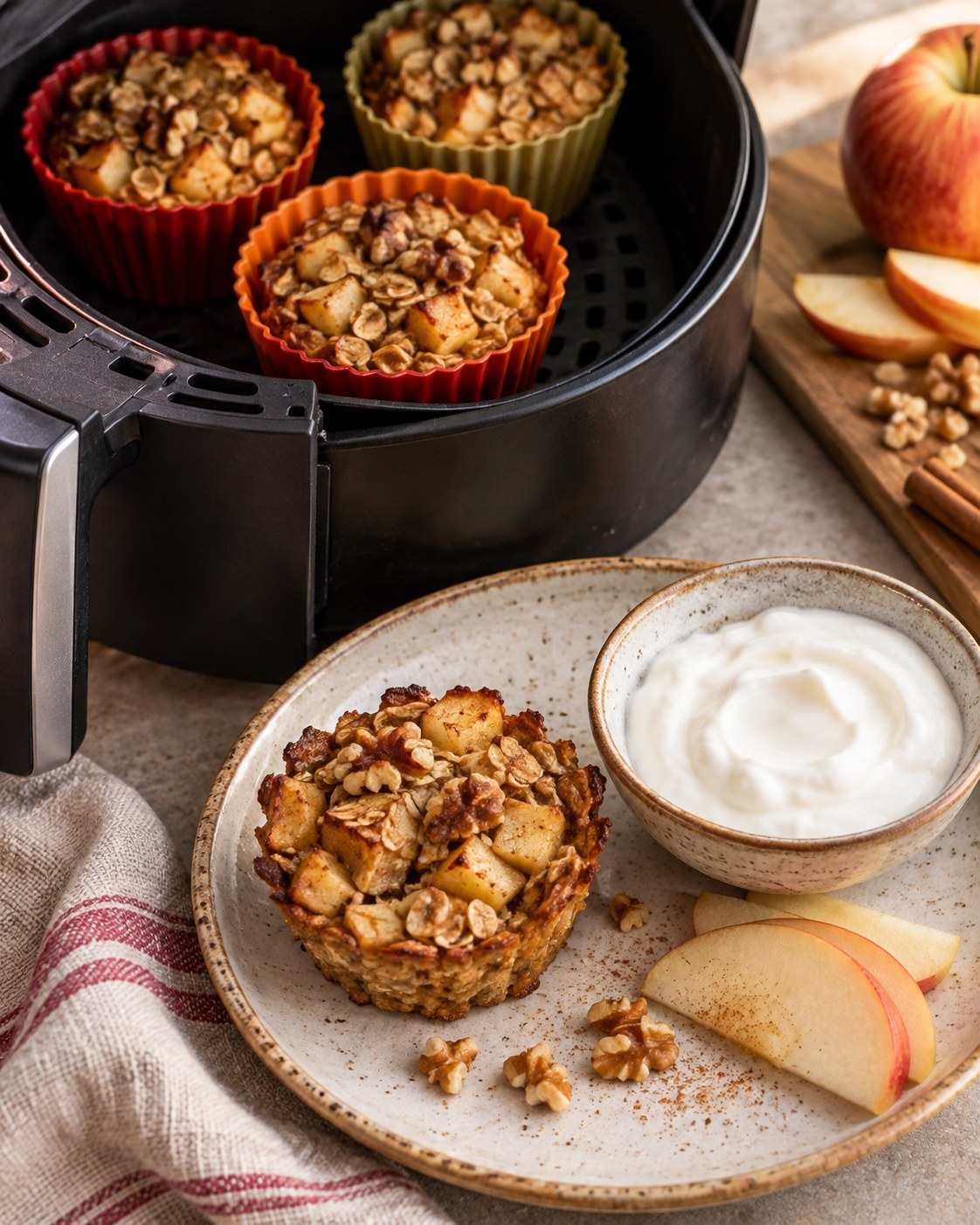 Apple cinnamon oat cups in silicone molds with rolled oats, walnuts, apple slices, and plain yogurt