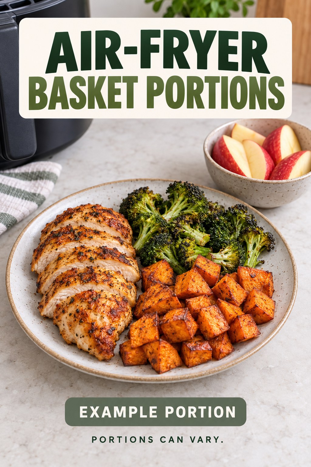 Air-Fryer Basket Portions visual using air-fried chicken, sweet potato, broccoli, and apple as flexible example portions for Healthy Air Fryer Recipes.