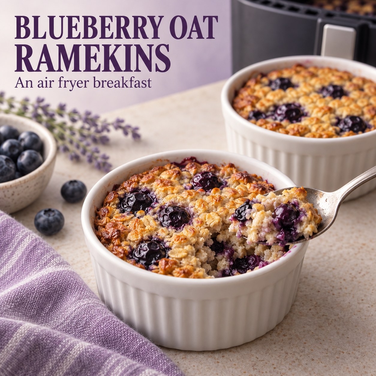 Two ramekins of baked blueberry oats with golden tops and visible blueberries below the text Blueberry Oat Ramekins.