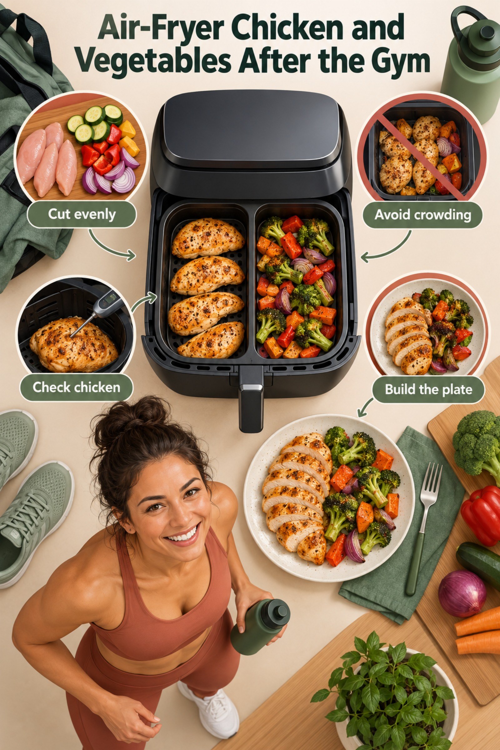 Air-fryer instructional cutaway with chicken and vegetable trays. The image supports Air-Fryer Chicken and Vegetables After the Gym.