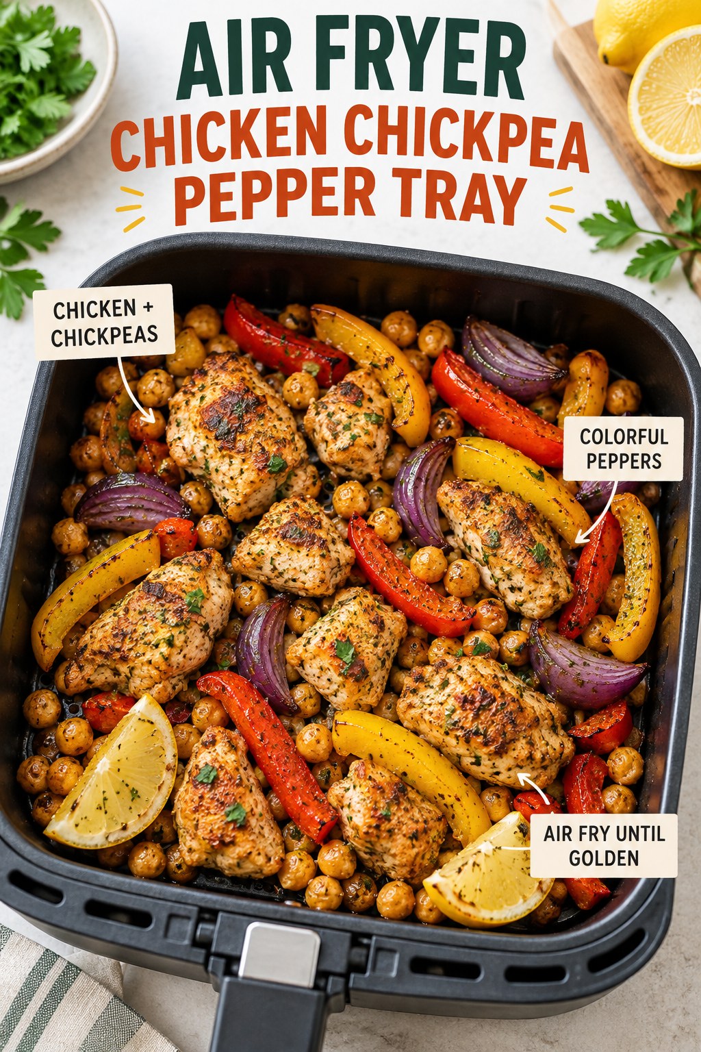 Air fryer chicken chickpea pepper tray with red onion, lemon, and herbs