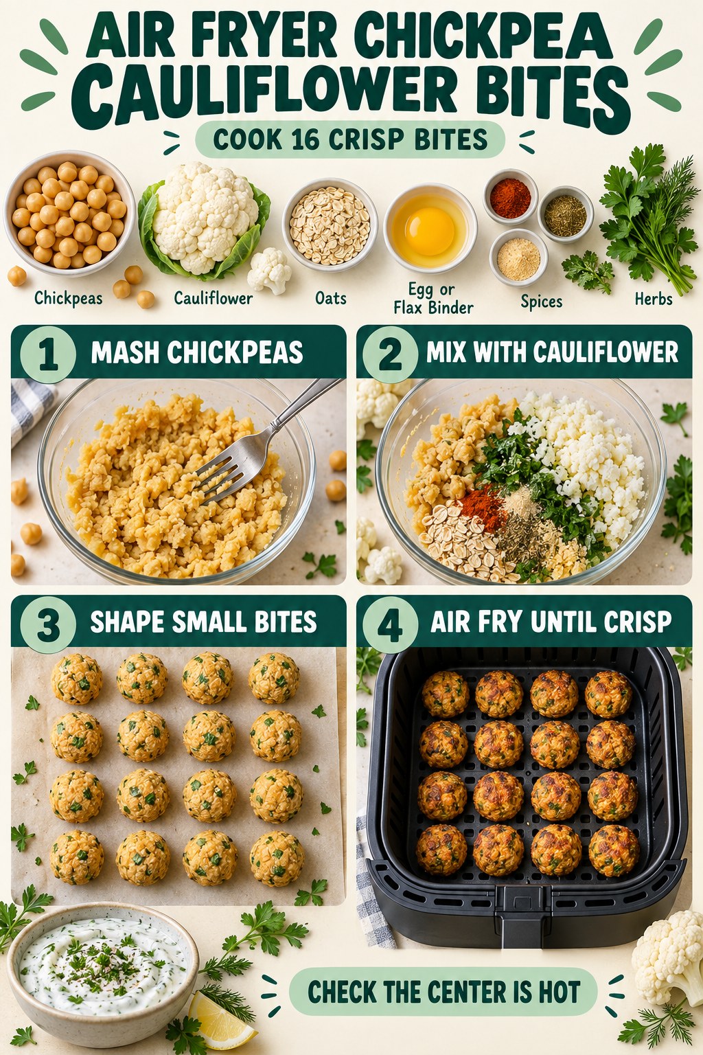 Air-fried chickpea cauliflower bites with herbs, spices, and a small yogurt dip.