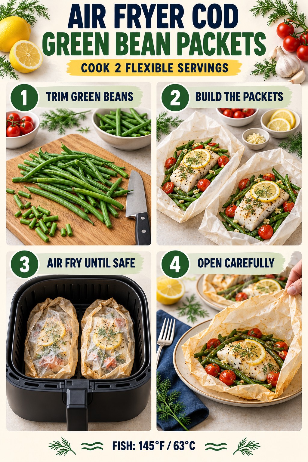 Air-fryer packet with cod, green beans, cherry tomatoes, lemon, garlic, and herbs.