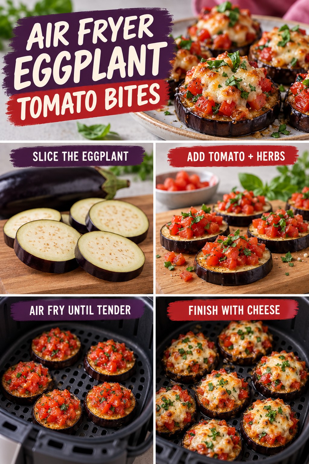 Air fryer eggplant tomato bite infographic showing sliced eggplant, tomato and herbs, air frying, and cheese.