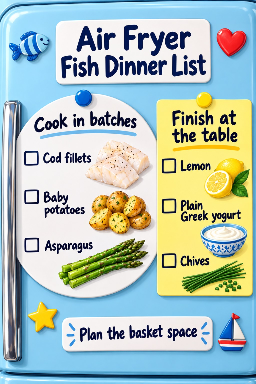 Blue fridge-style grocery list with cod, baby potatoes and asparagus plus lemon, Greek yogurt and chives.