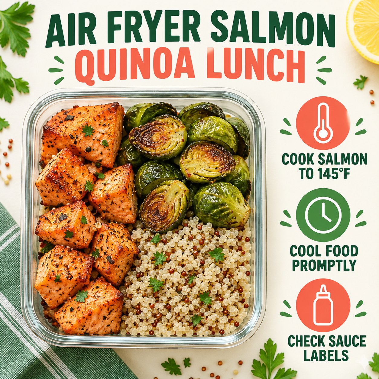 Infographic for an air fryer salmon Brussels sprout quinoa lunch with salmon temperature, cooling, and sauce label reminders