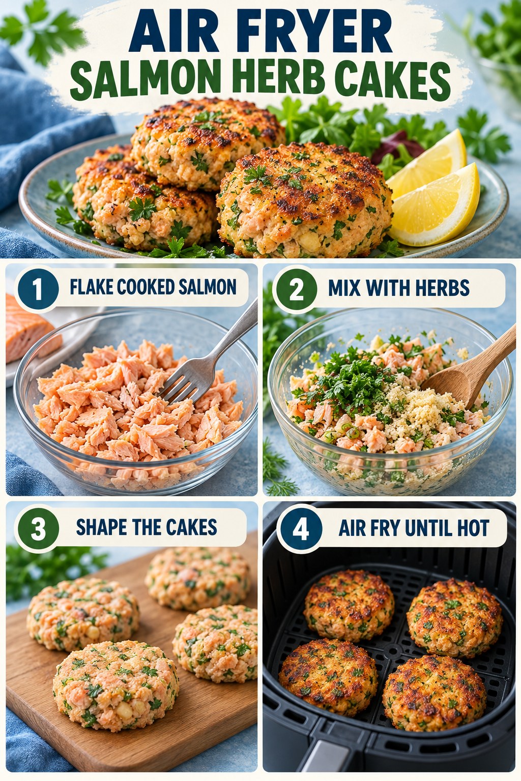 Air fryer salmon herb cake infographic showing flaked salmon, herbs, shaped cakes, and golden cooked cakes.