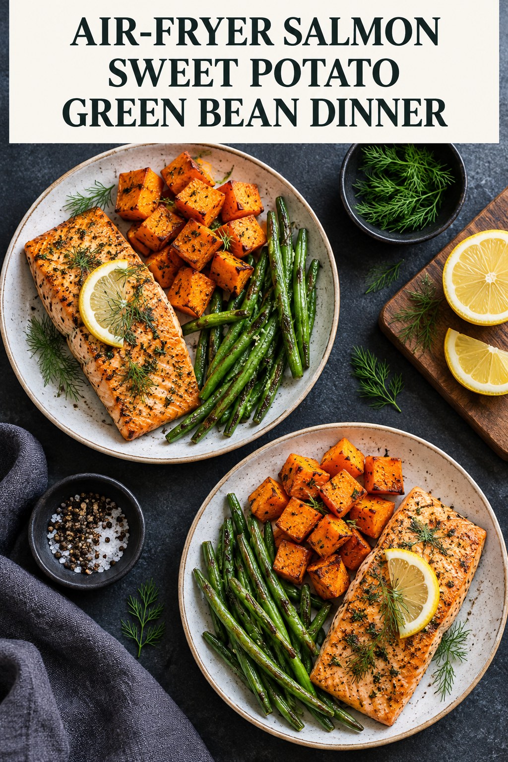 Two servings of air-fryer salmon sweet potato green bean dinner made with salmon, sweet potato, and vegetables.