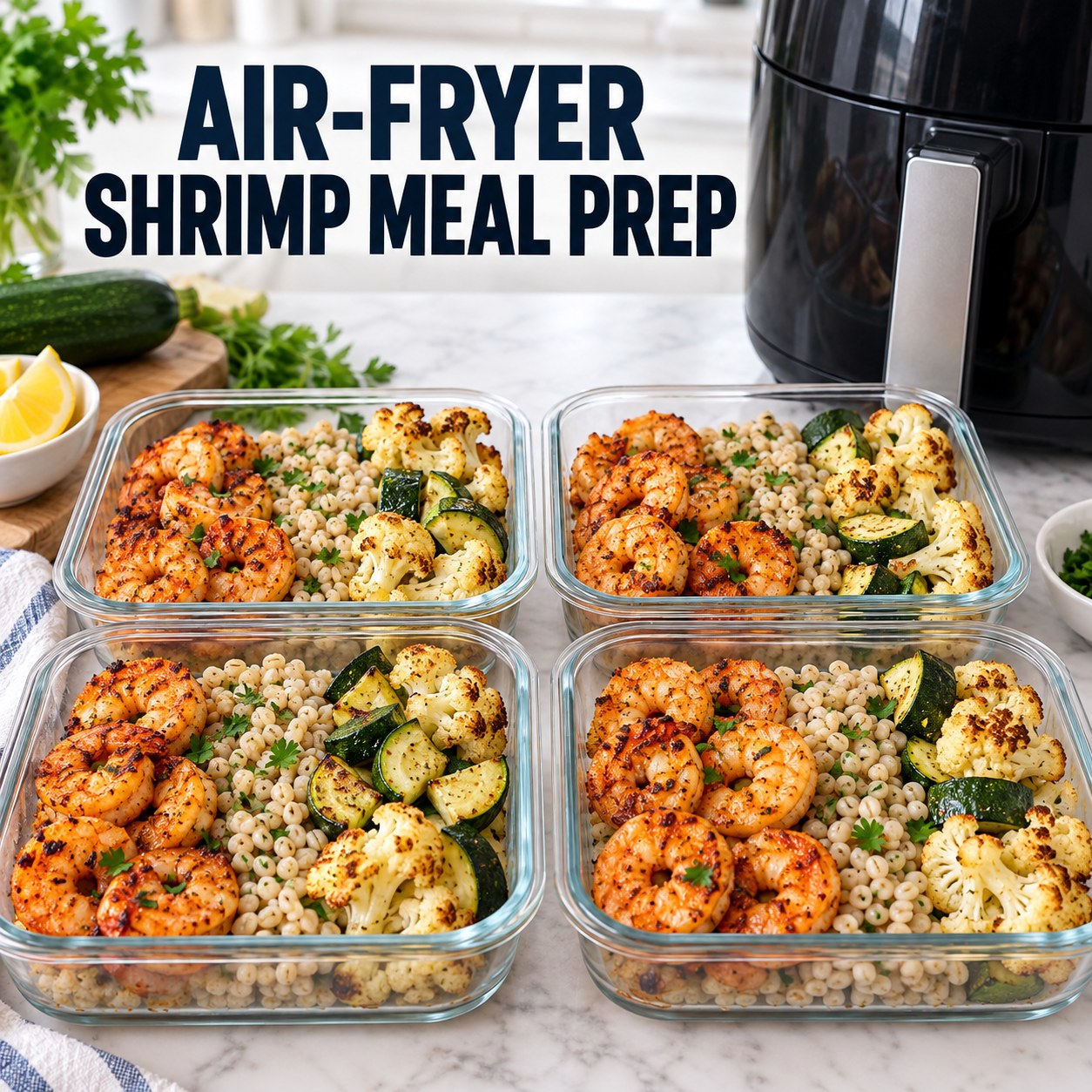 Three containers of air-fryer shrimp barley prep boxes with shrimp, barley, zucchini, and cauliflower.