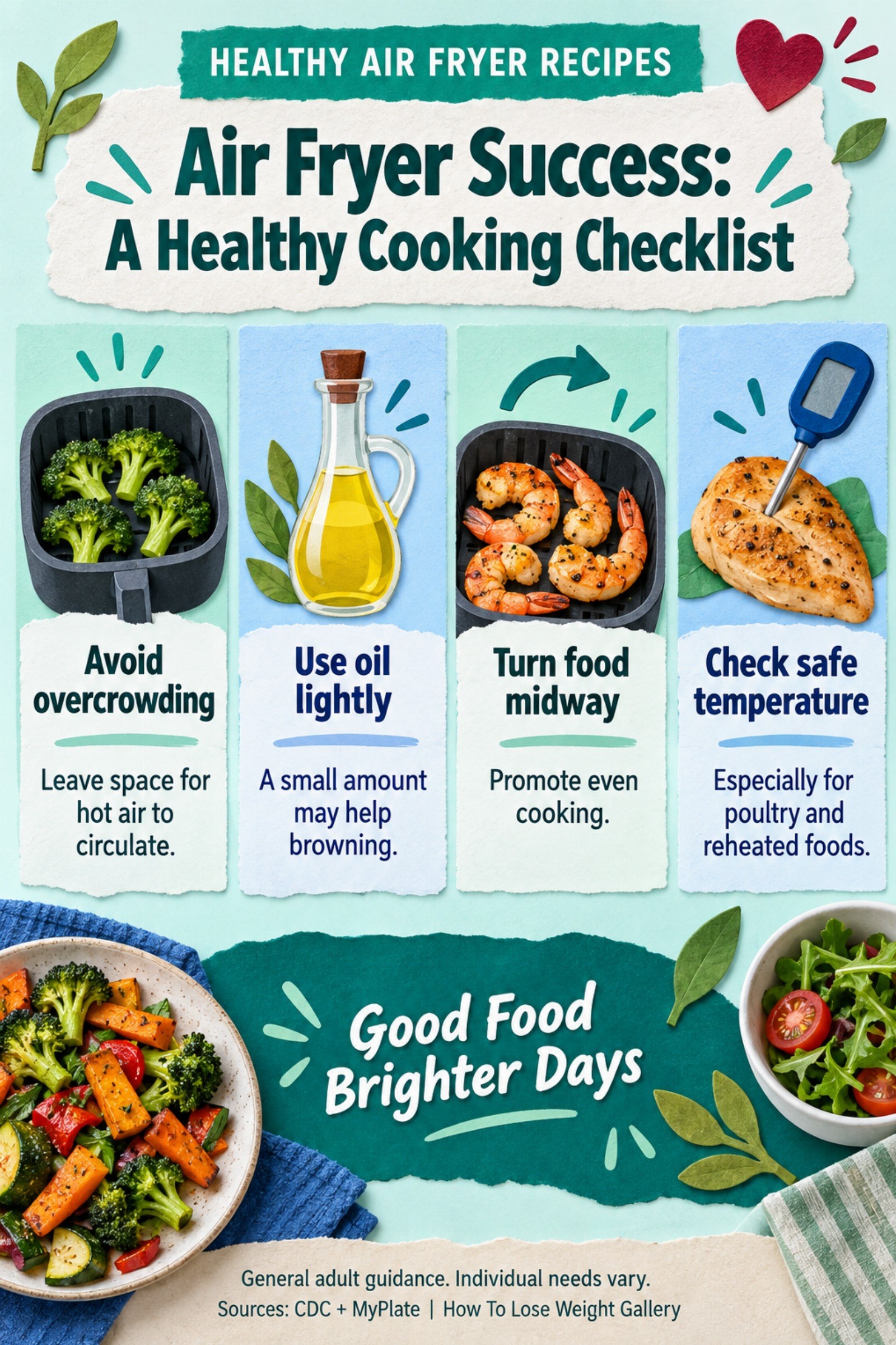 Colorful infographic titled Air Fryer Success: A Healthy Cooking Checklist with four illustrated tips for Healthy Air Fryer Recipes.