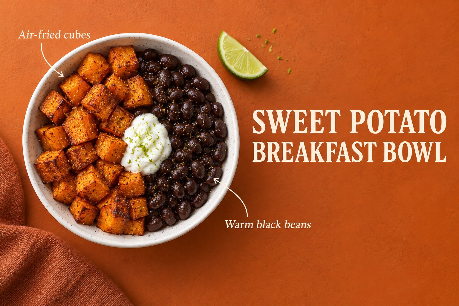 Roasted sweet potato cubes with black beans and lime yogurt in a divided bowl beside the words Sweet Potato Breakfast Bowl.