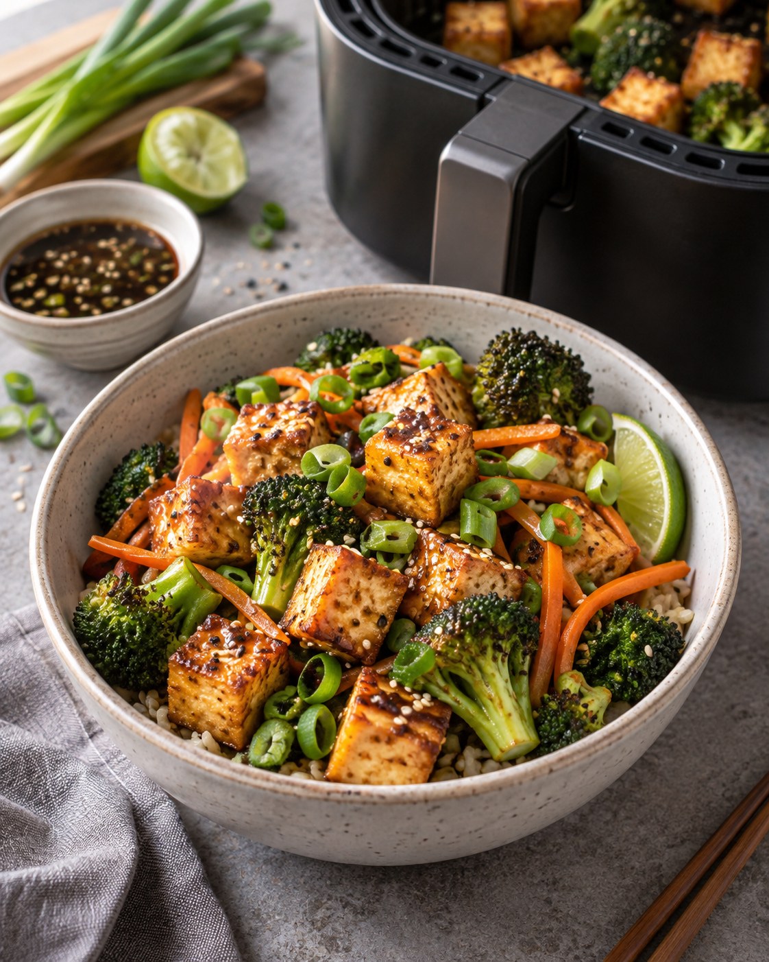 Air fryer tofu and broccoli bowl with carrots, scallions, sesame, lime, brown rice, and dressing
