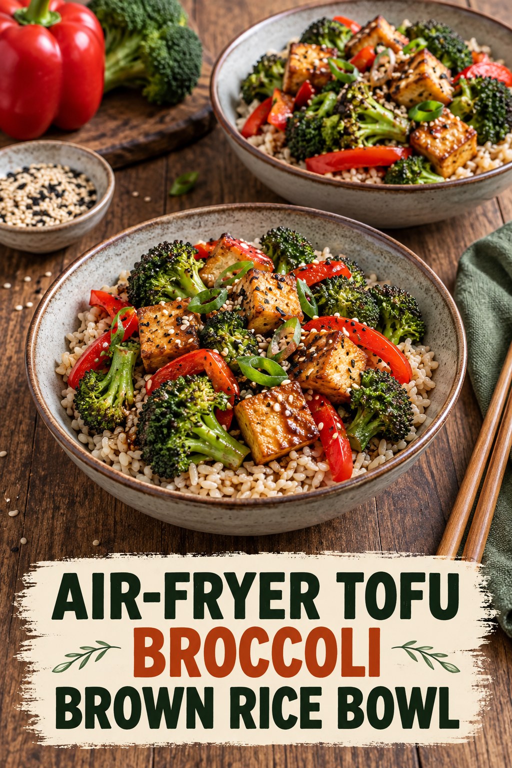 Two servings of air-fryer tofu broccoli brown rice bowl made with tofu, broccoli, and vegetables.