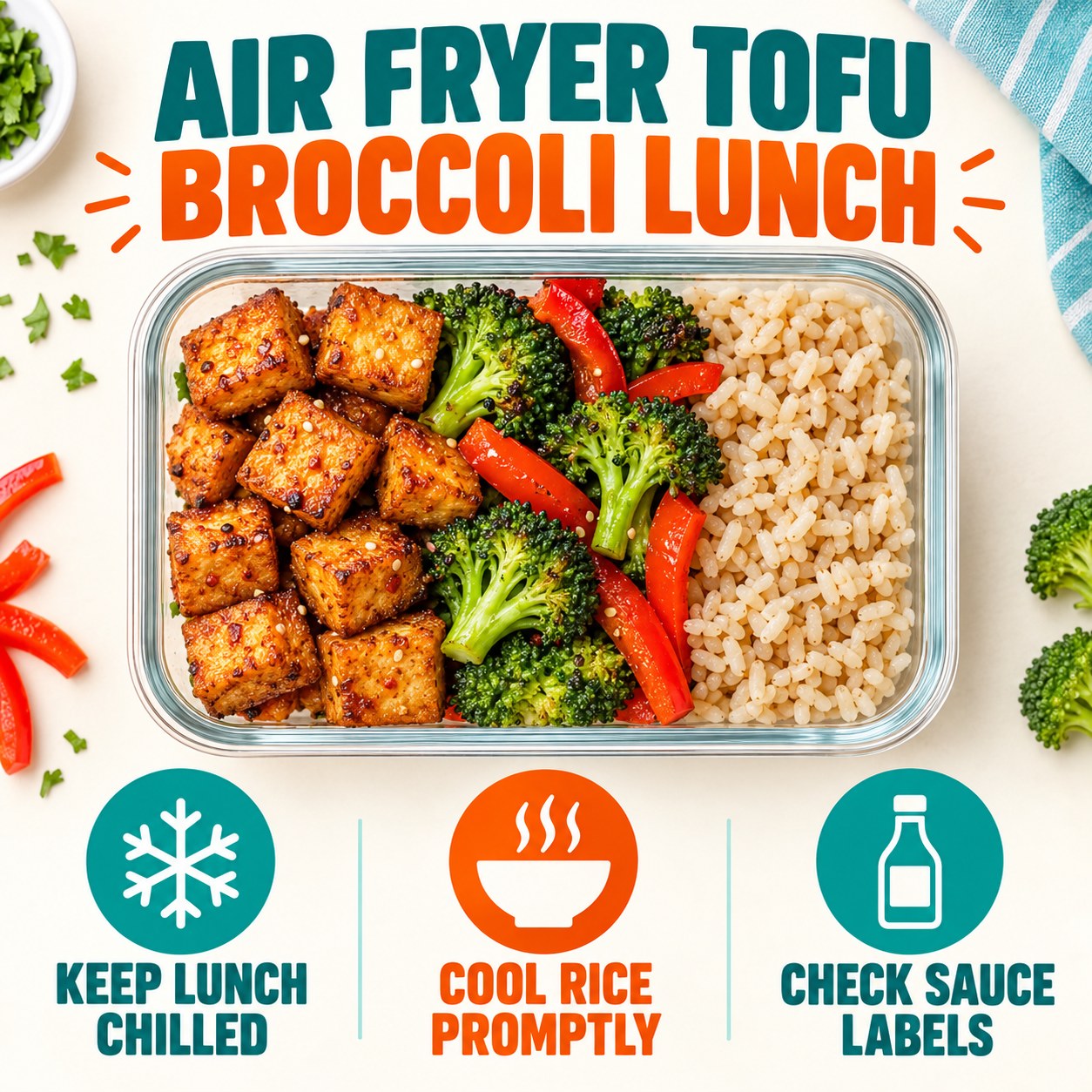 Infographic for an air fryer tofu broccoli pepper rice lunch with chilling, rice cooling, and sauce label reminders