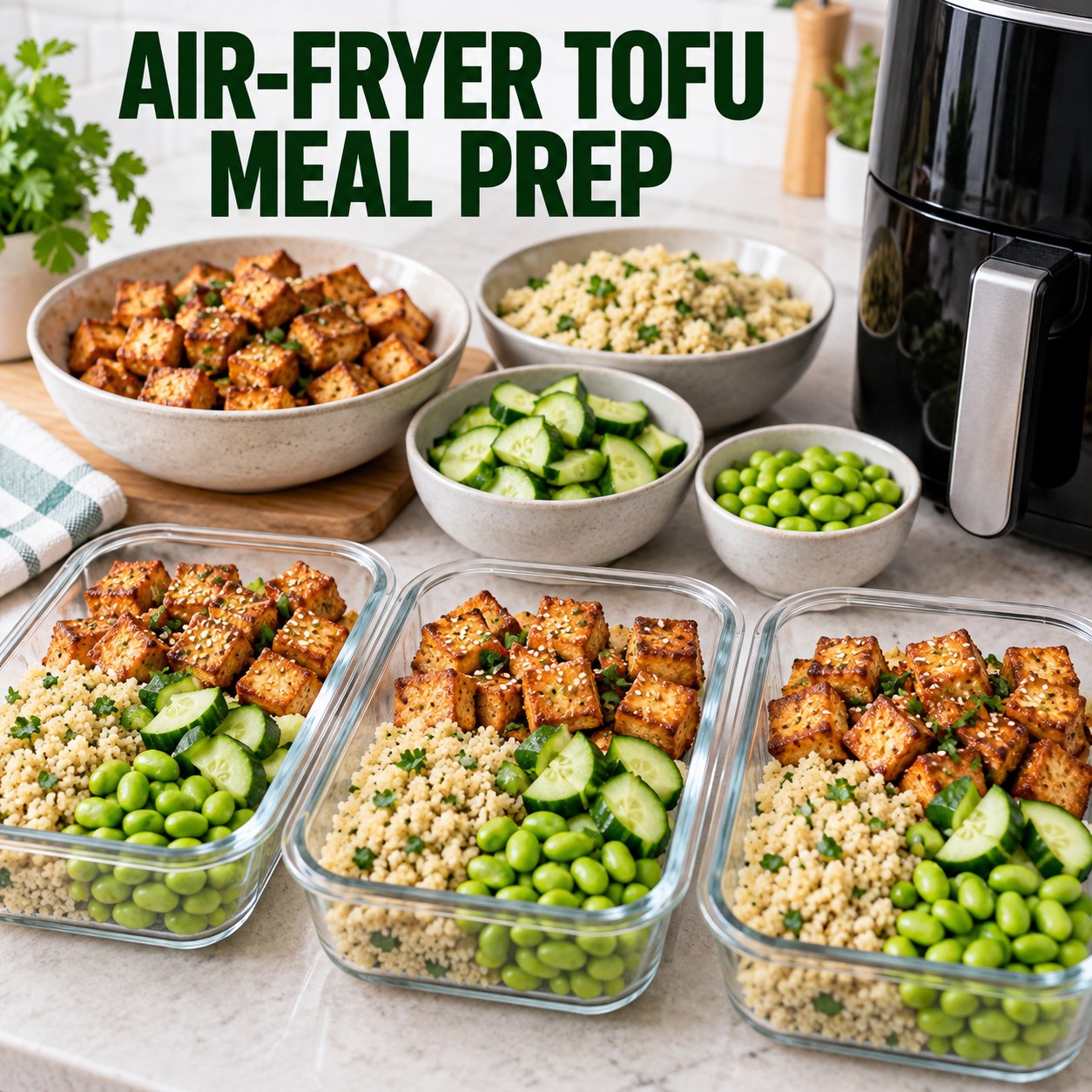 Three containers of air-fryer tofu couscous cucumber bowls with tofu, couscous, cucumber, and edamame.