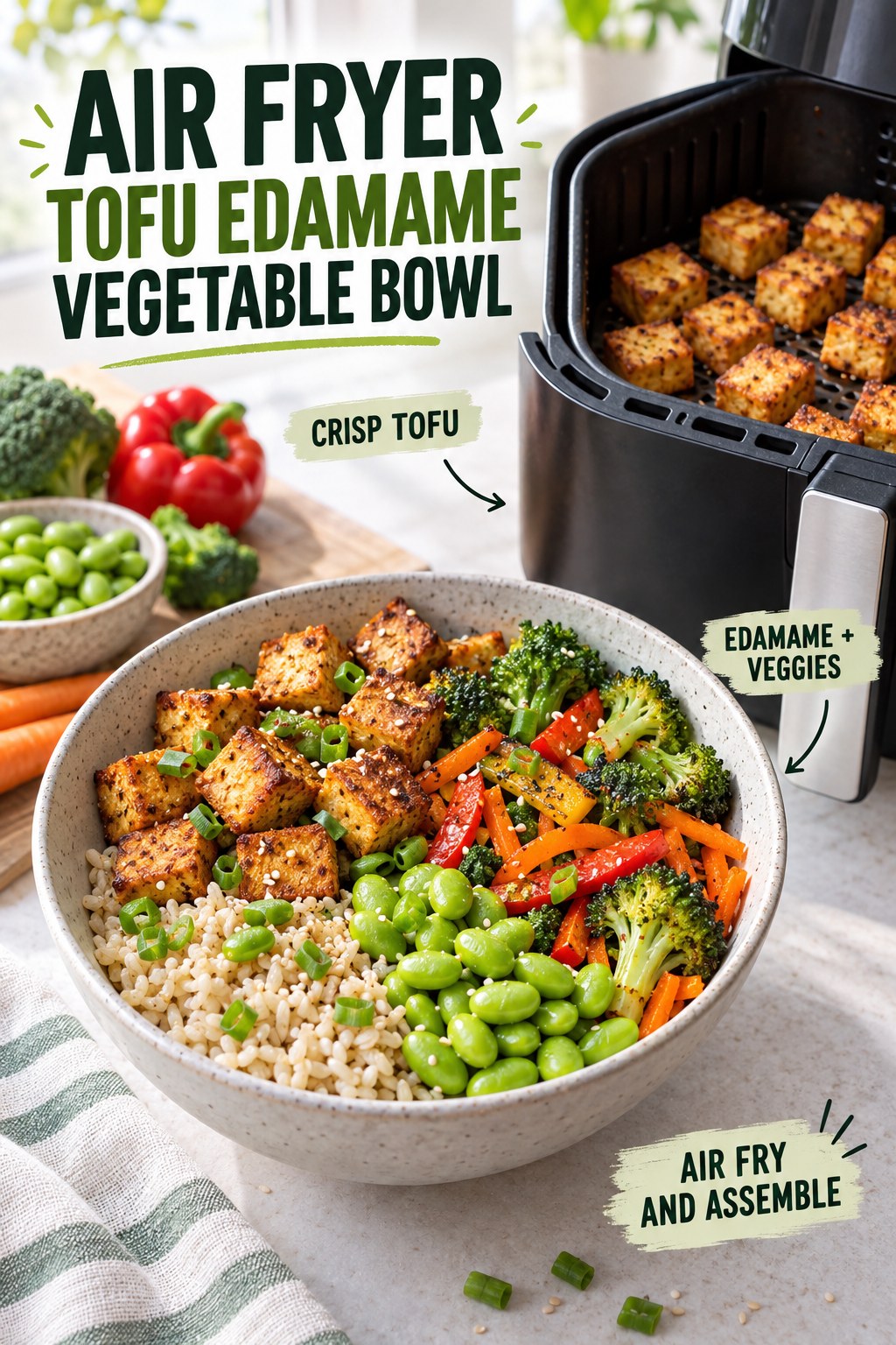 Air fryer tofu edamame vegetable bowl with broccoli, peppers, carrot, and brown rice