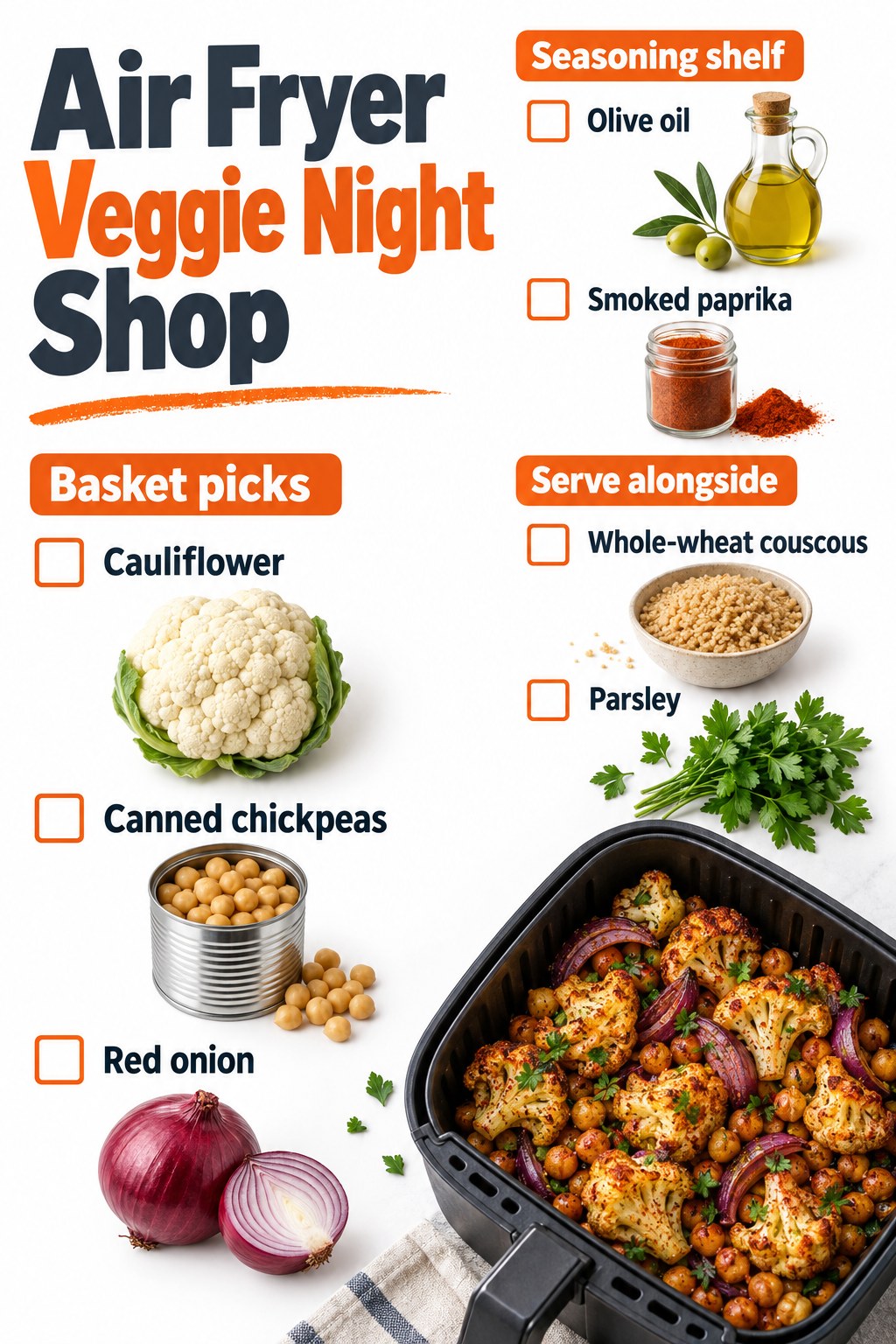 Orange and slate air fryer shopping graphic listing cauliflower, chickpeas, onion, oil, paprika, couscous and parsley.