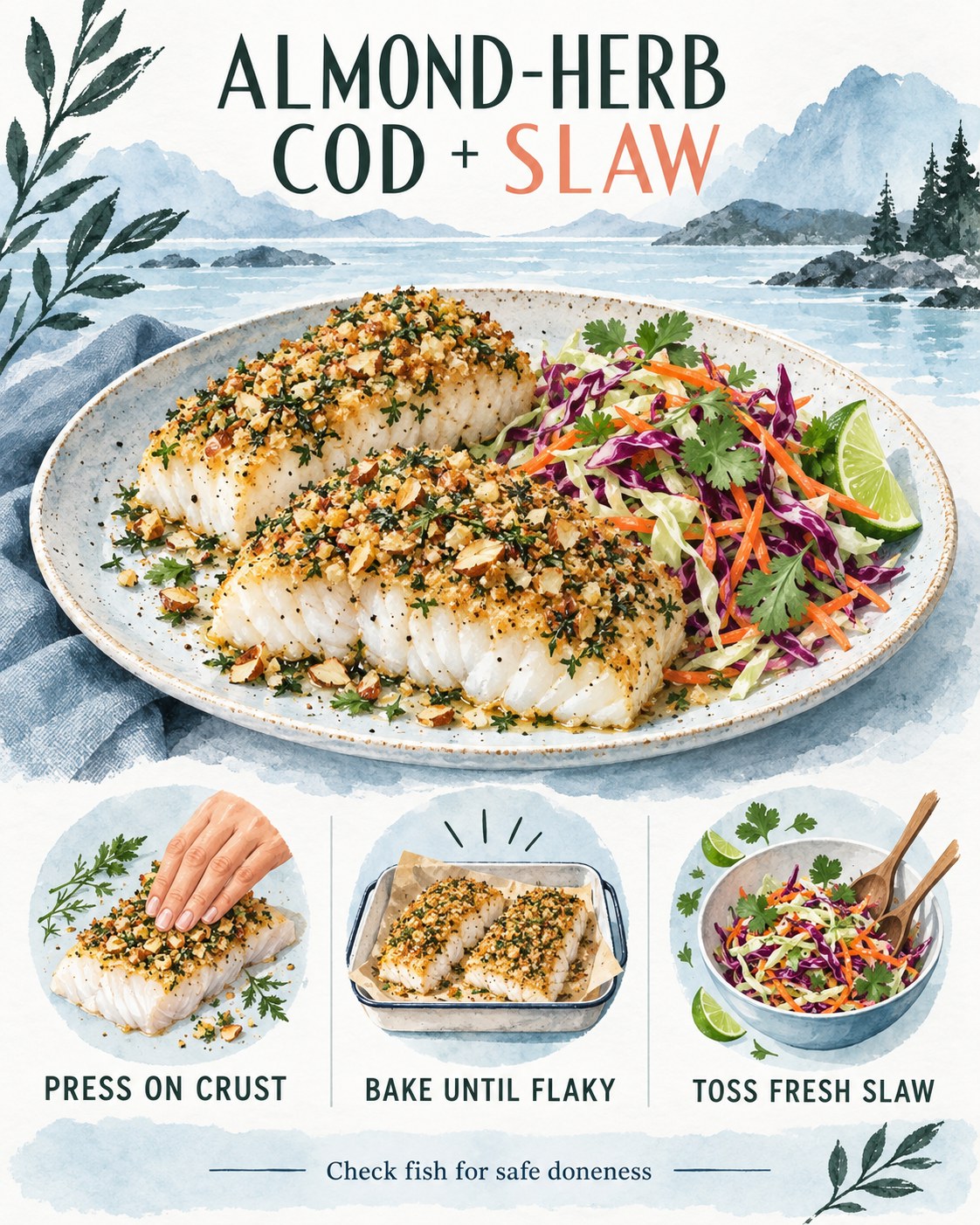 Icy blue Nordic watercolor infographic showing almond-herb crusted cod with red and green cabbage, carrot, cilantro, and lime slaw.