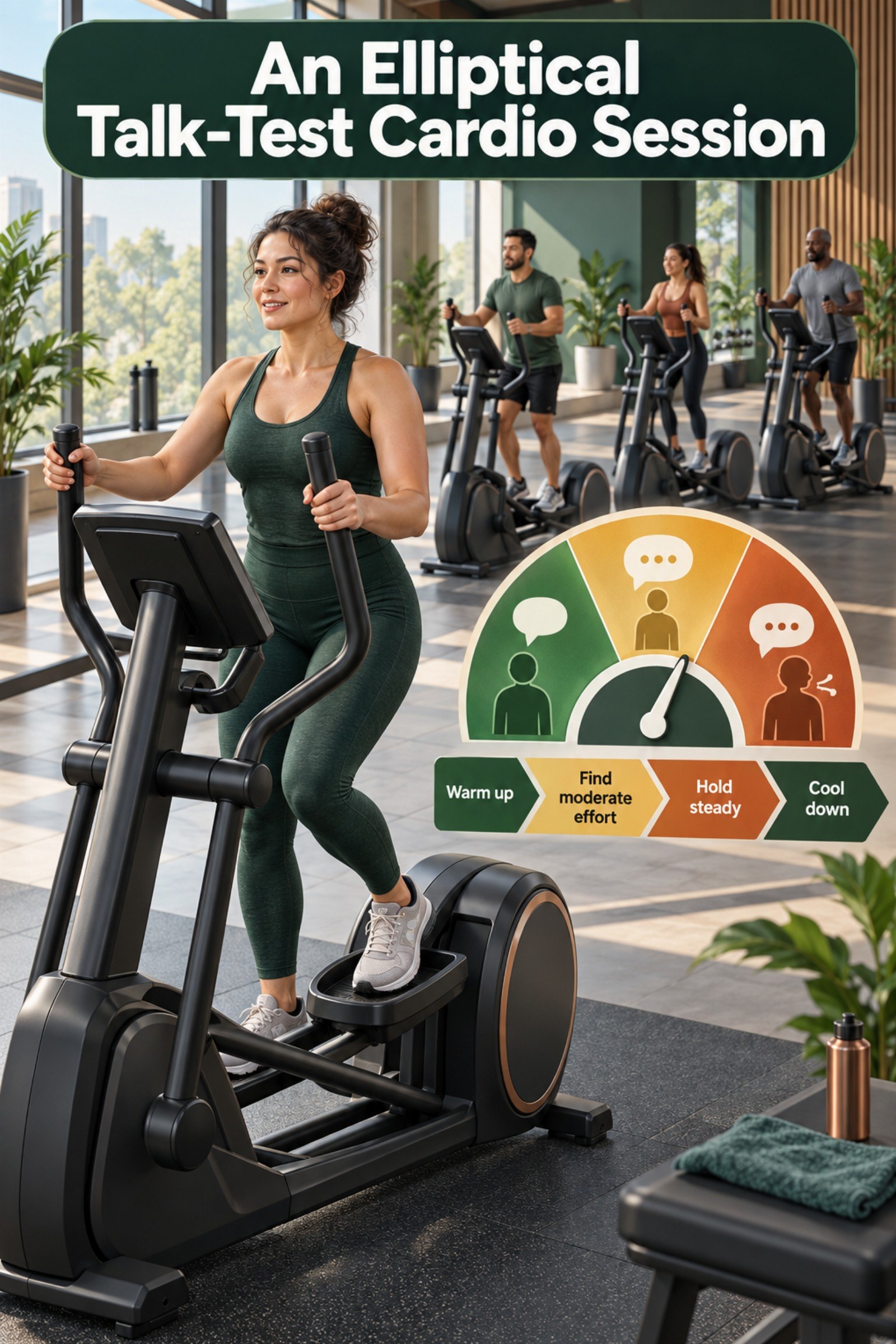Elliptical trainer scene with a three-zone talk-test meter. The image supports An Elliptical Talk-Test Cardio Session.