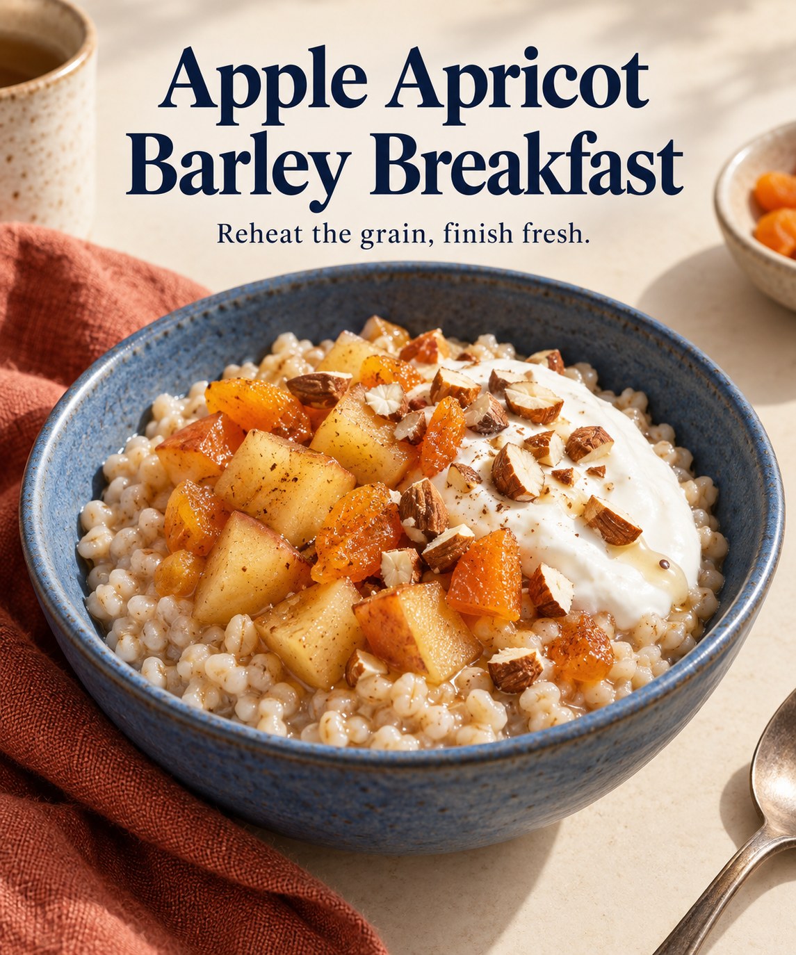 Creamy barley porridge topped with cooked apple, dried apricot pieces, yogurt, and chopped almonds in a blue bowl.
