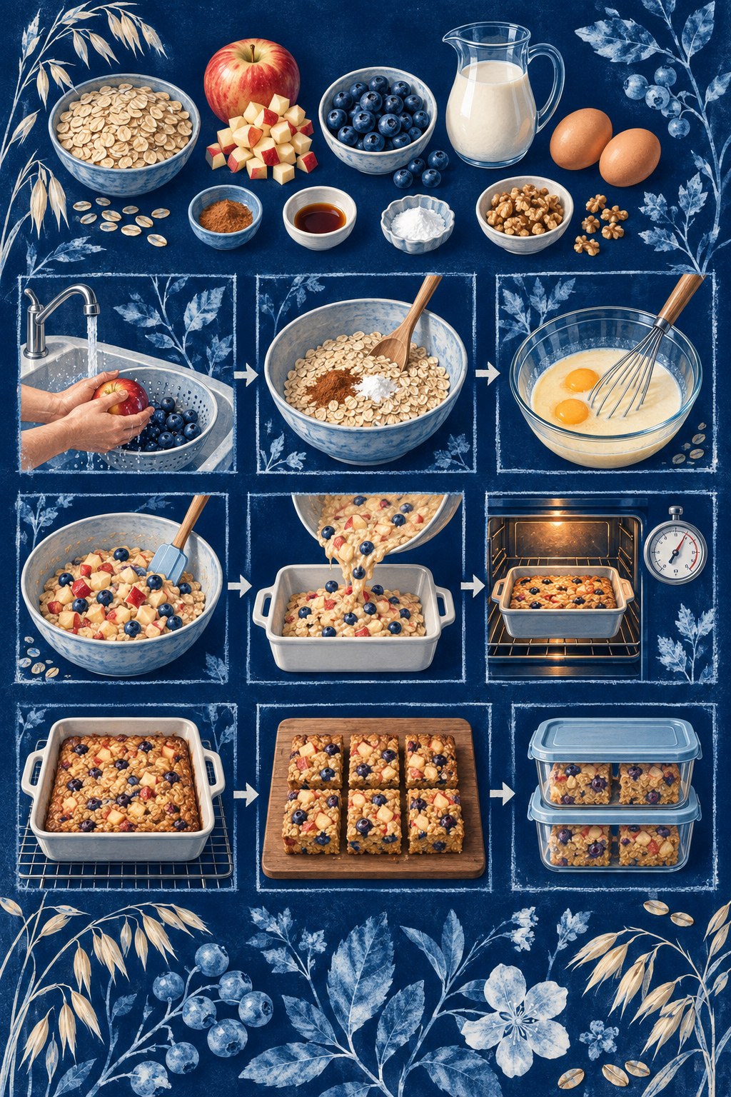 Indigo cyanotype recipe infographic showing oatmeal ingredients, mixing, baking, six fruit-filled squares, and covered storage.