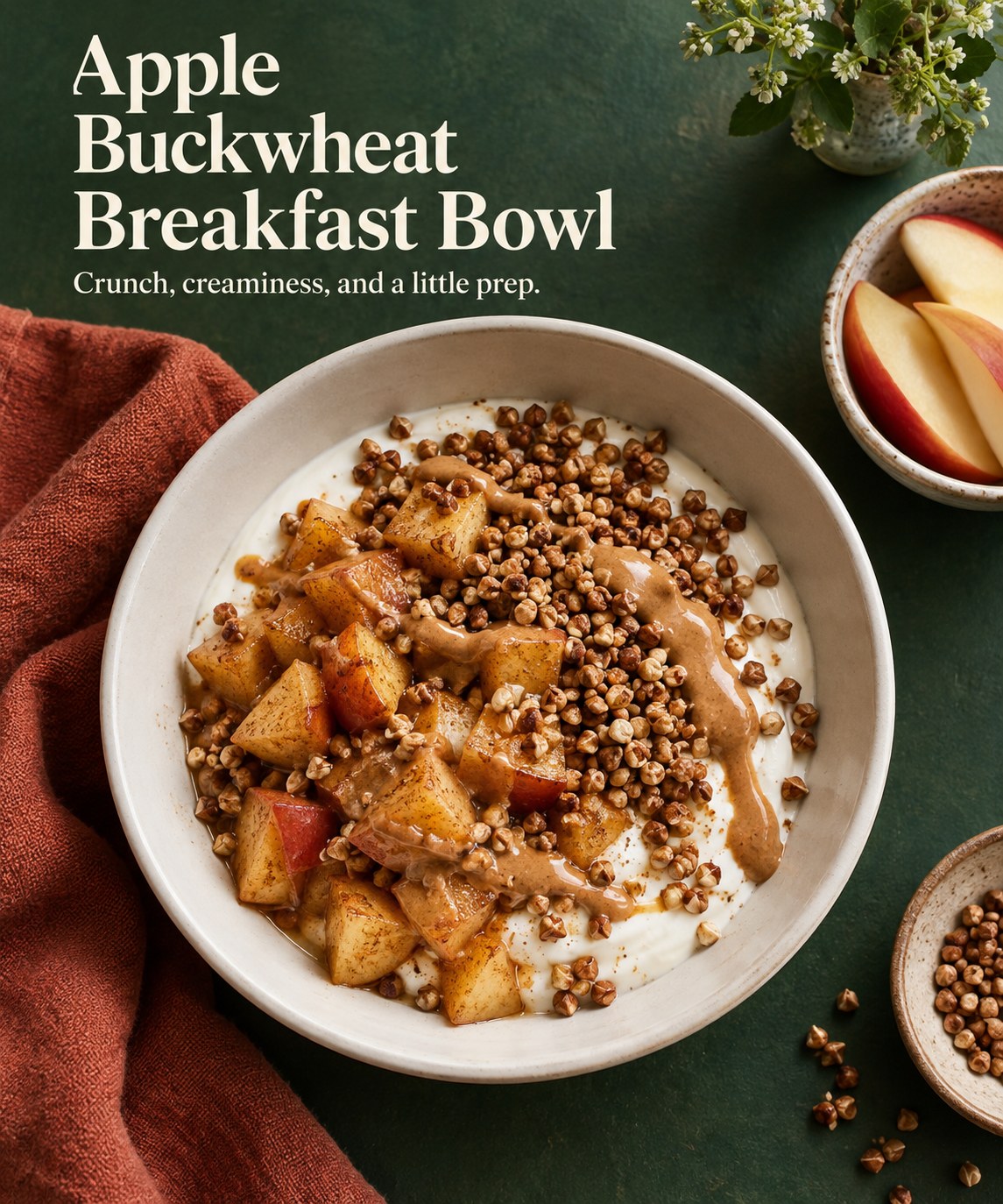 Plain yogurt topped with cooked apple, toasted buckwheat groats, and almond butter in a white bowl.