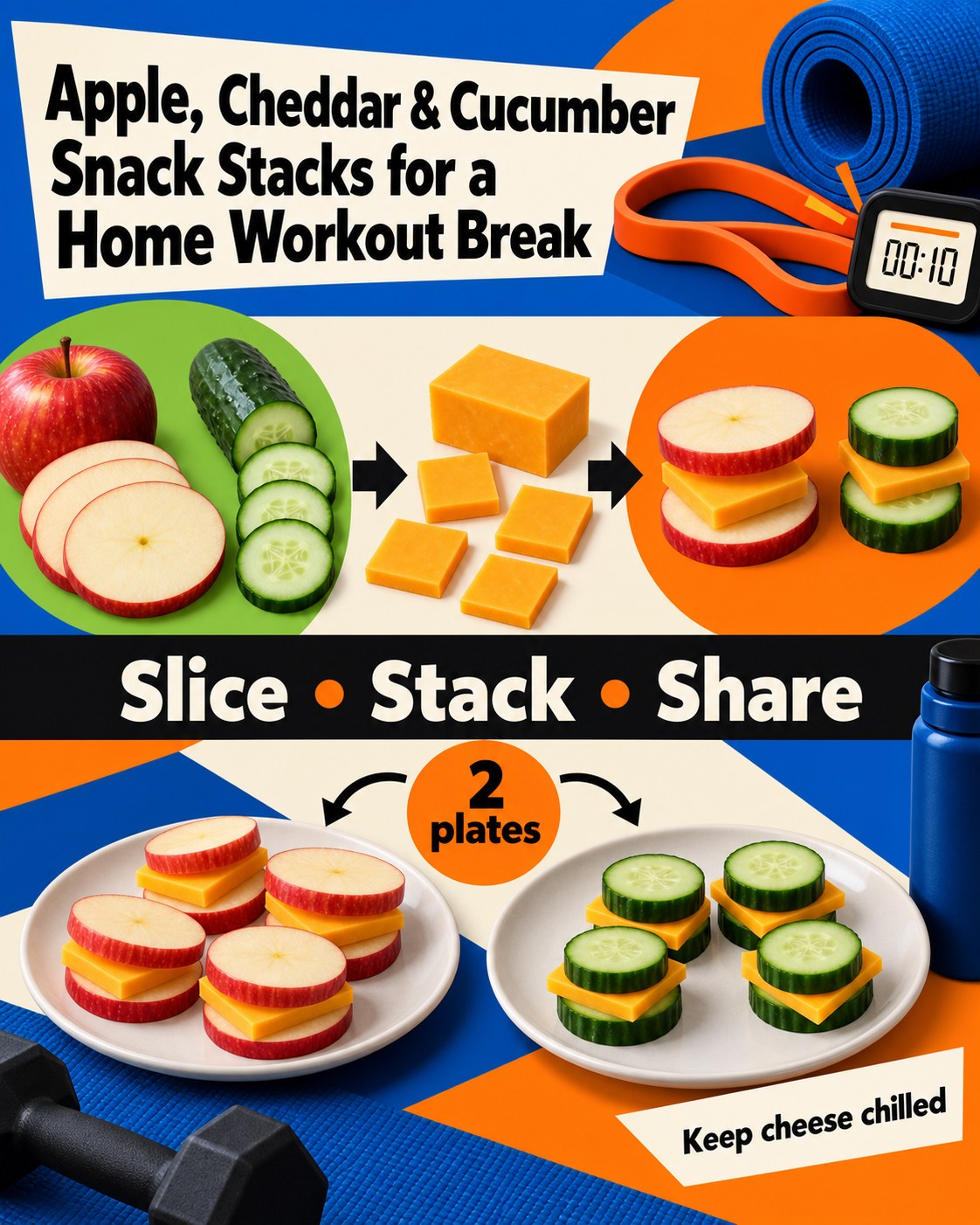 Bauhaus infographic showing apple, cucumber, cheddar, stacked snack bites, and two plates beside workout items.