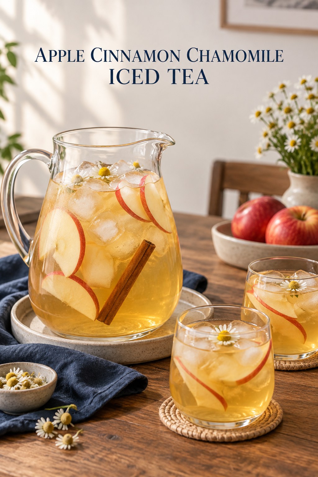 Glass pitcher and two glasses of pale golden chamomile iced tea with red apple slices, cinnamon, ice, and chamomile flowers.