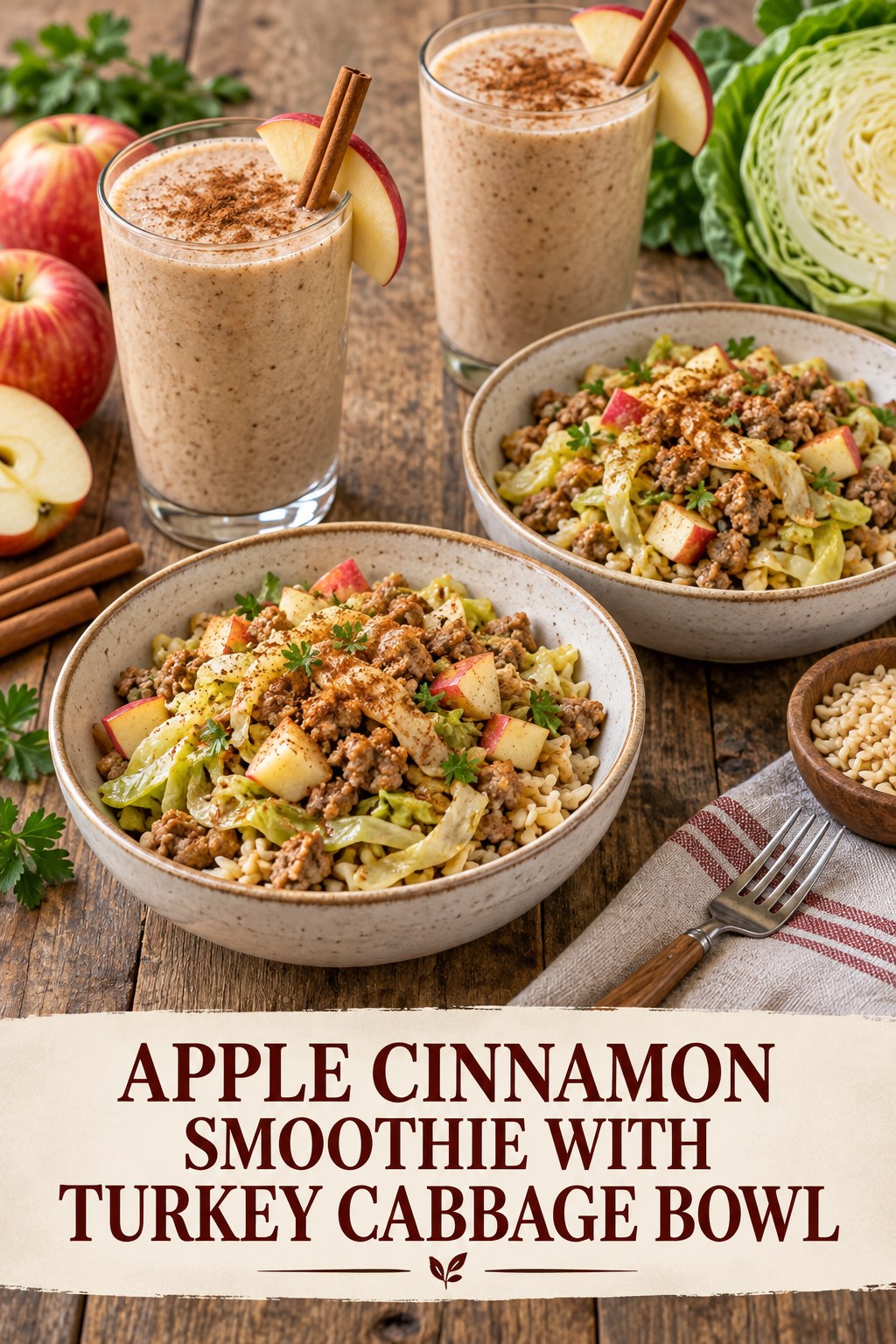 Two servings of apple cinnamon smoothie with turkey cabbage bowl made with apple, cinnamon, and vegetables.