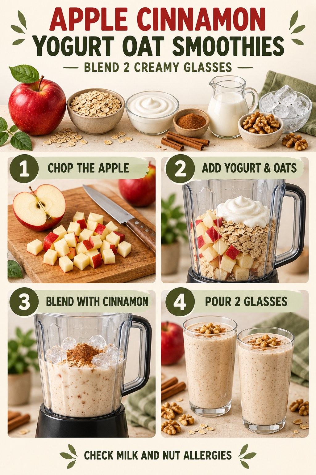 Apple cinnamon smoothie with yogurt, oats, chia, milk, and simple blending steps.