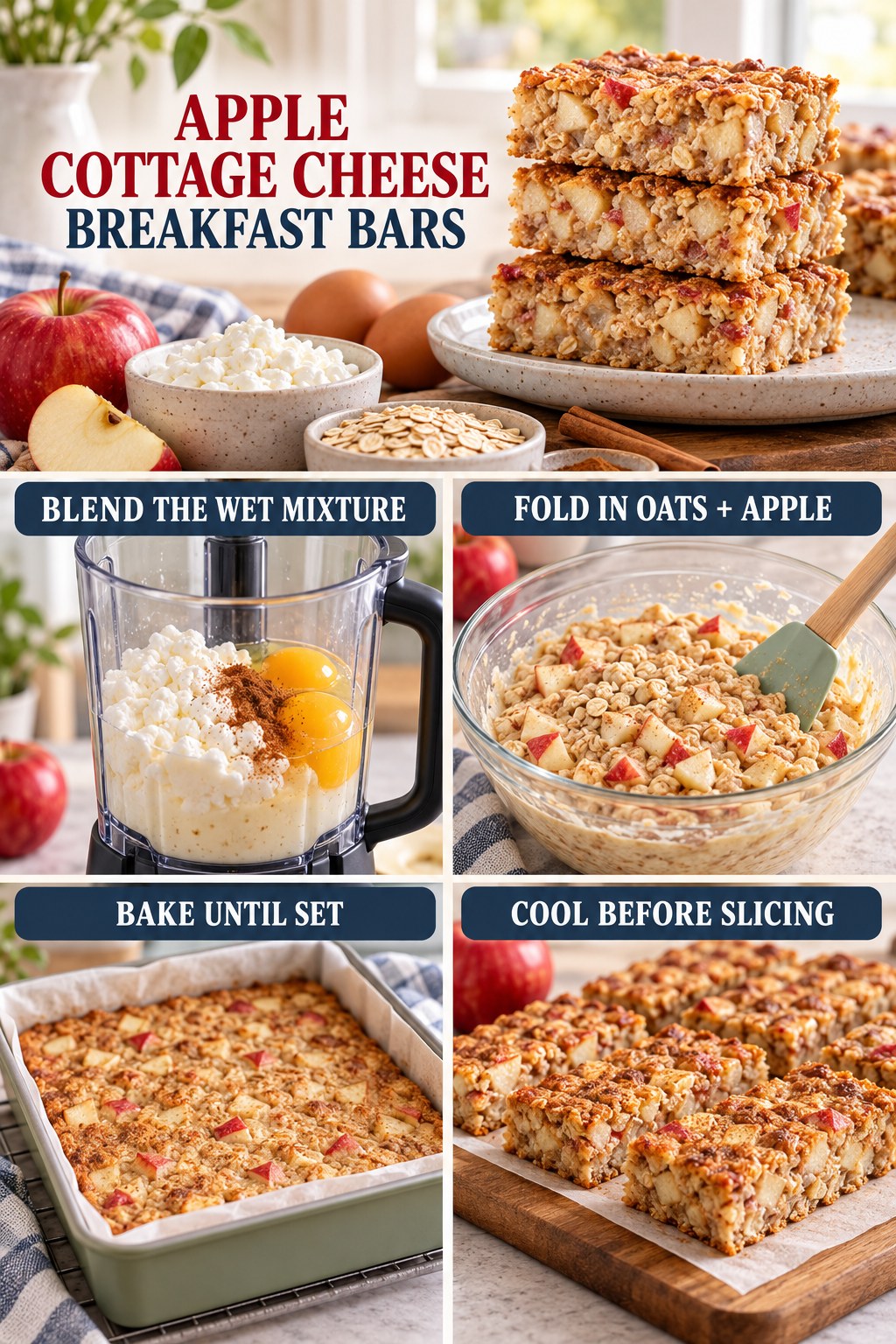 Apple cottage cheese breakfast bar infographic showing blended cottage cheese and eggs, oats and apple, baking, cooling, and sliced bars.