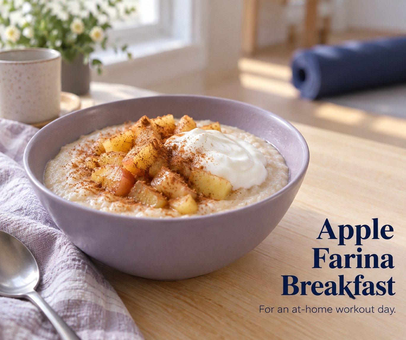 Creamy farina with apple and yogurt beneath the words Apple Farina Breakfast, with a blurred exercise mat behind.