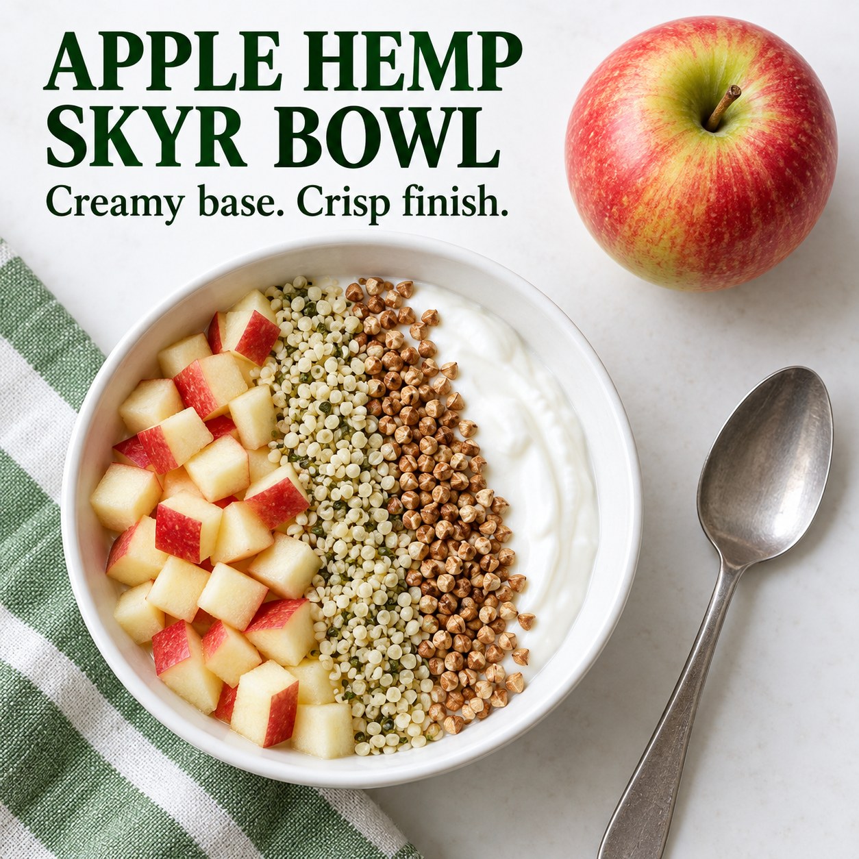 A bowl of plain skyr topped with diced apple, hemp hearts, and toasted buckwheat beneath the words Apple Hemp Skyr Bowl.