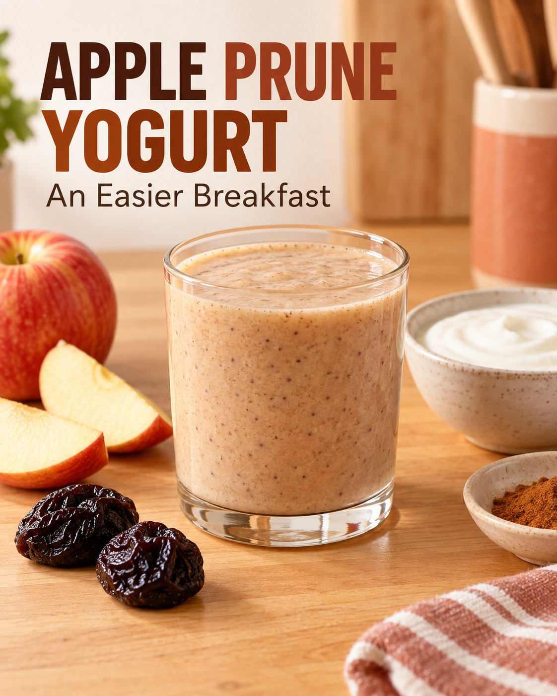 Beige apple prune smoothie beside apple wedges and prunes, with Apple Prune Yogurt and An Easier Breakfast text.