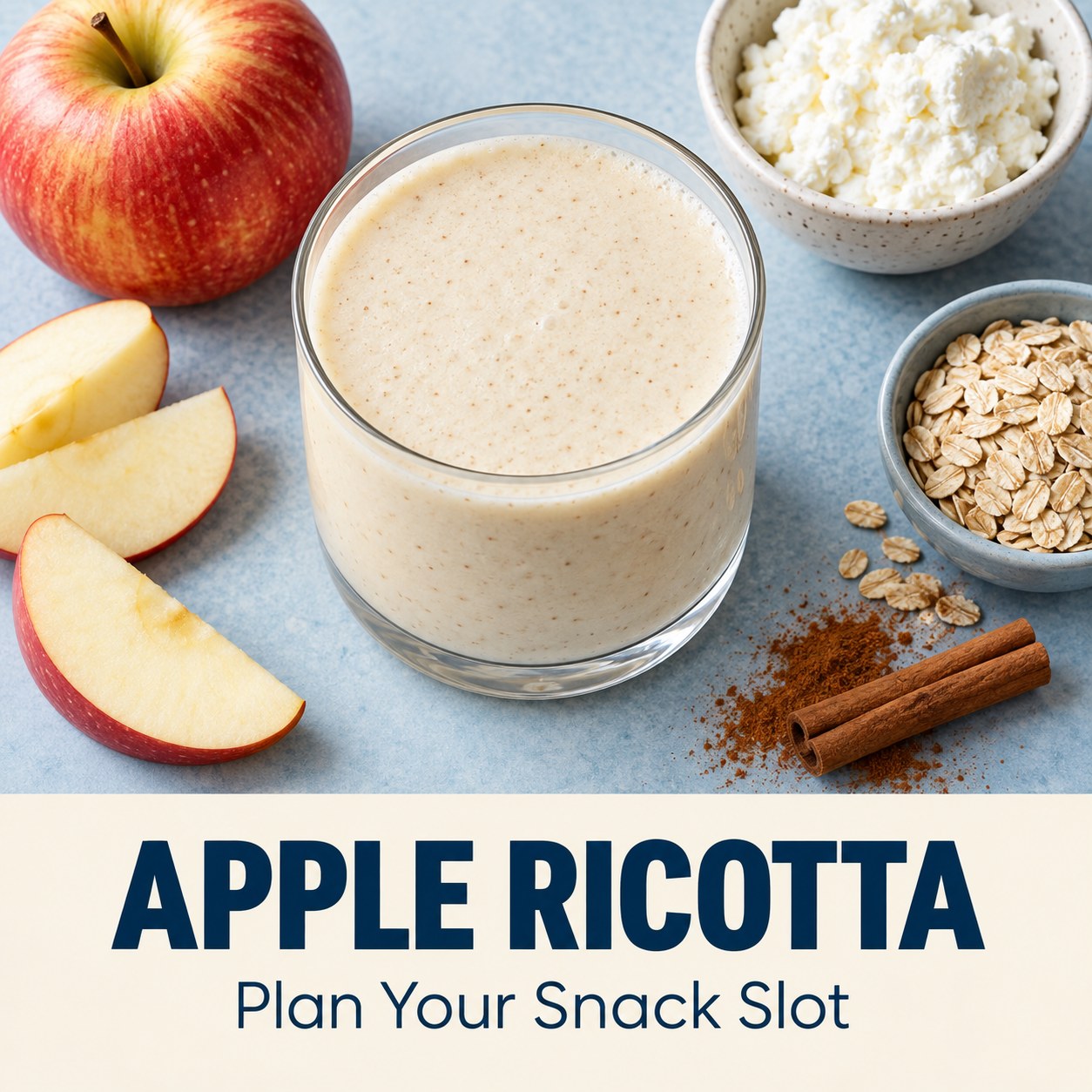 Cream-colored apple ricotta smoothie beside apple slices, ricotta, and oats, with Apple Ricotta and Plan Your Snack Slot text.