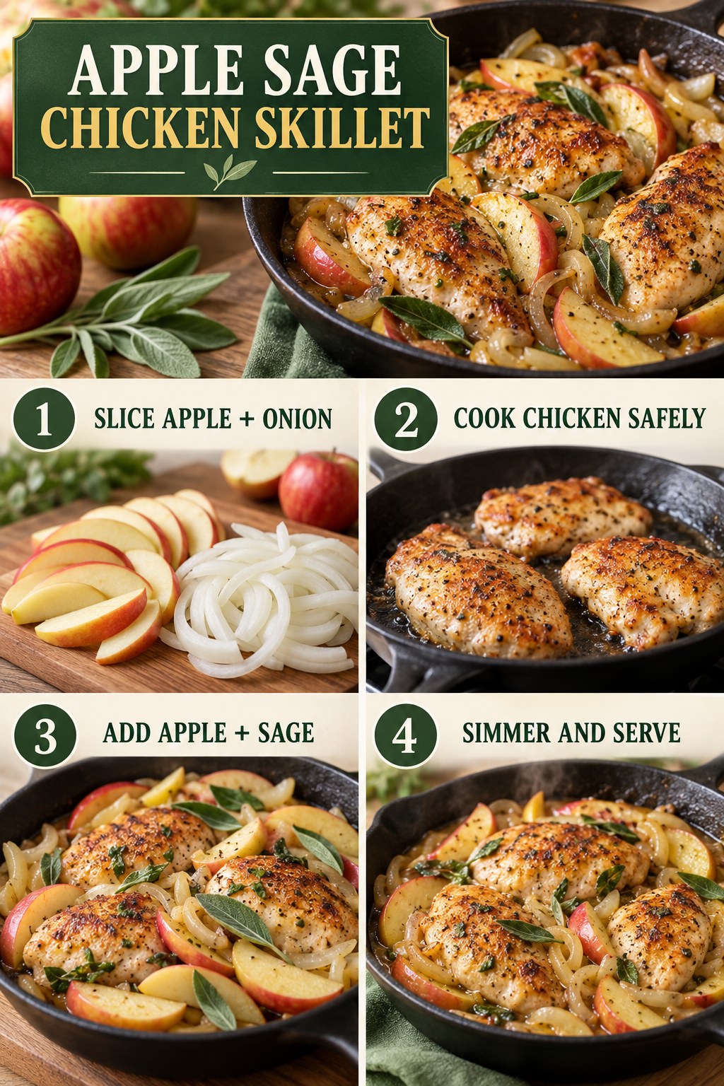 Apple sage chicken skillet infographic showing sliced apple and onion, safely cooked chicken, sage, and the finished skillet.