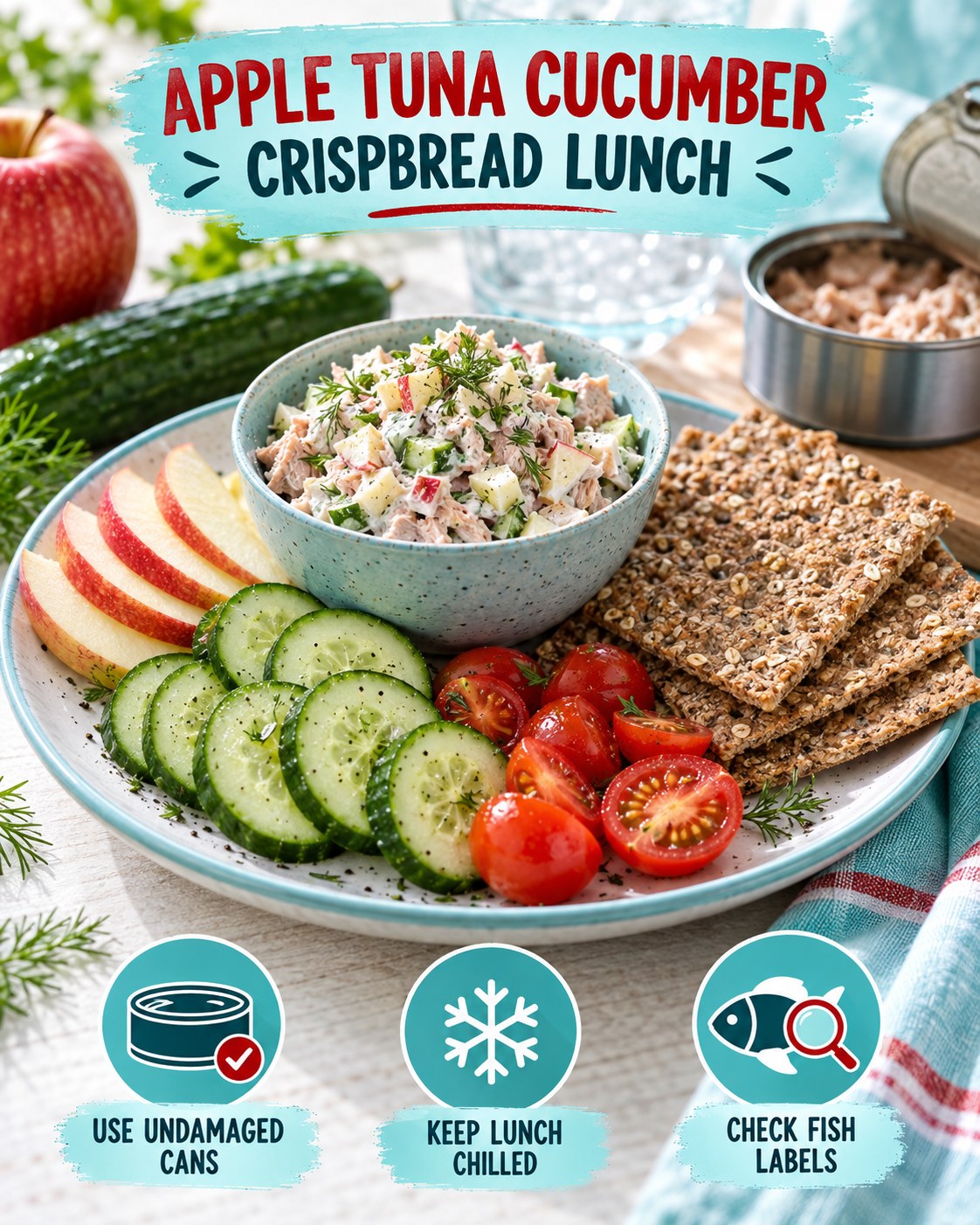 Apple tuna cucumber crispbread lunch plate with yogurt tuna salad and tomatoes