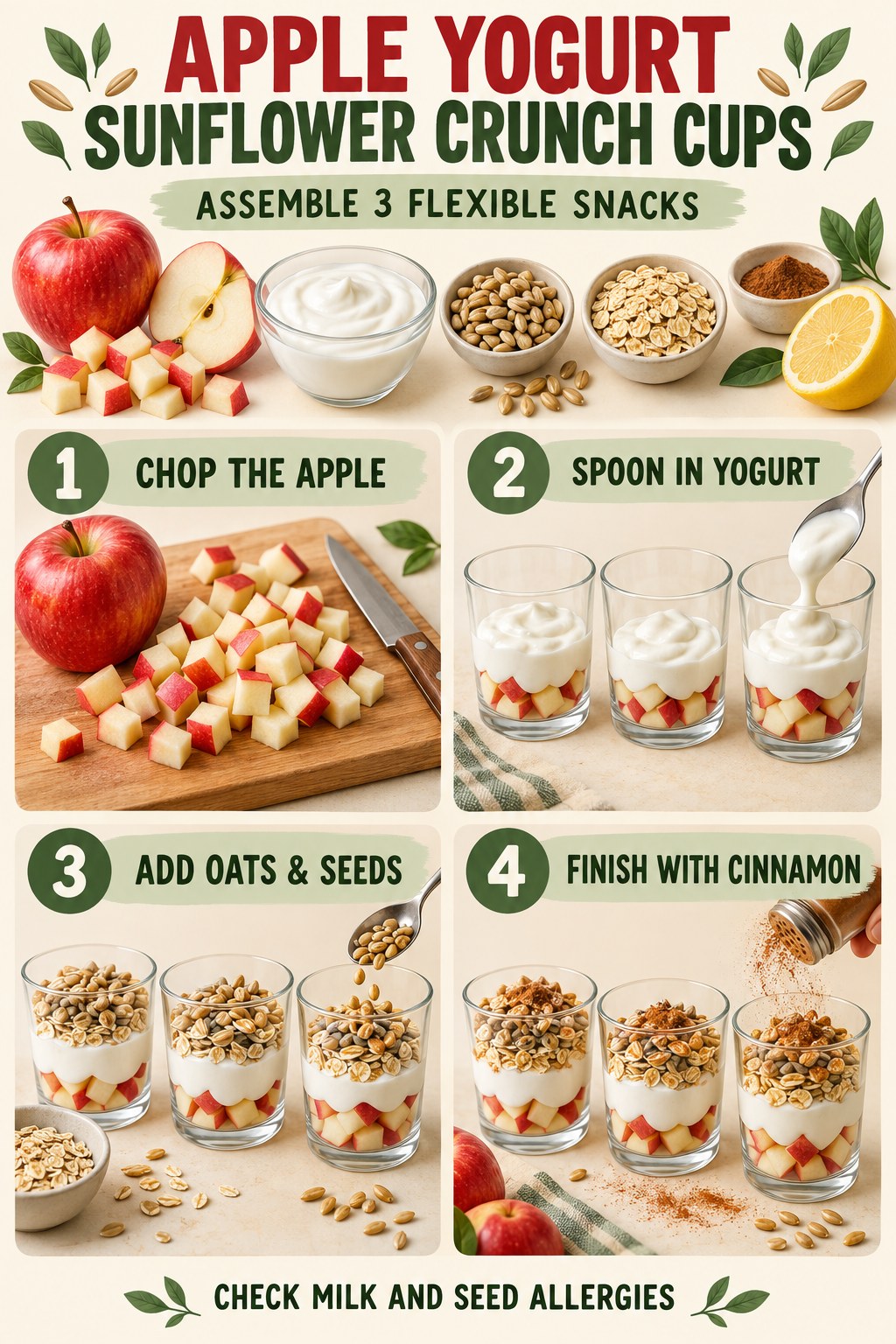 Apple yogurt cups layered with cinnamon, oats, sunflower seeds, and chopped fruit.